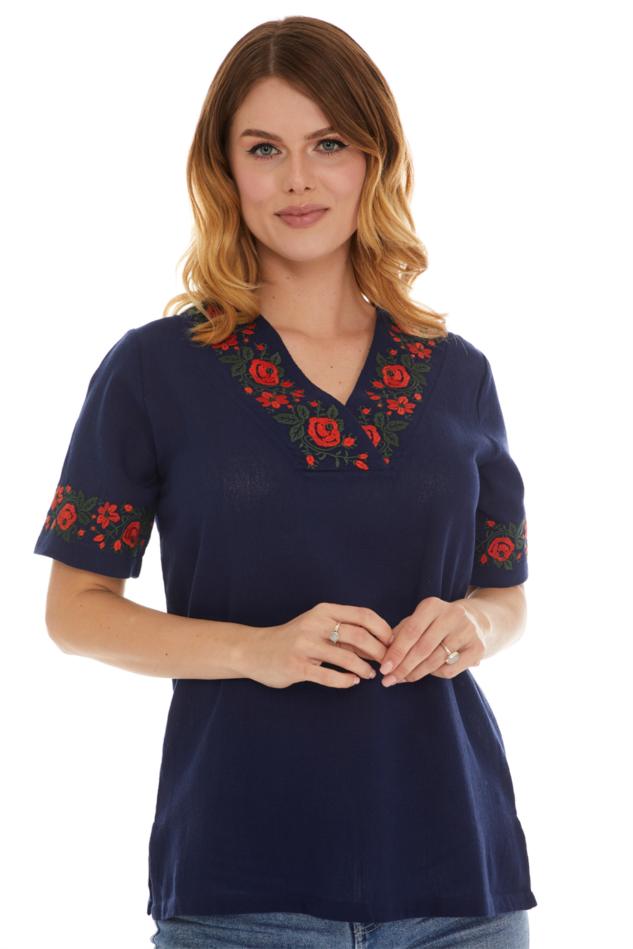 Şile Bezi Kısa Kol Lacivert Gül Nakışlı Bluz 