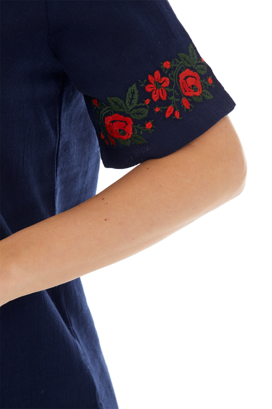 Şile Bezi Kısa Kol Lacivert Gül Nakışlı Bluz 