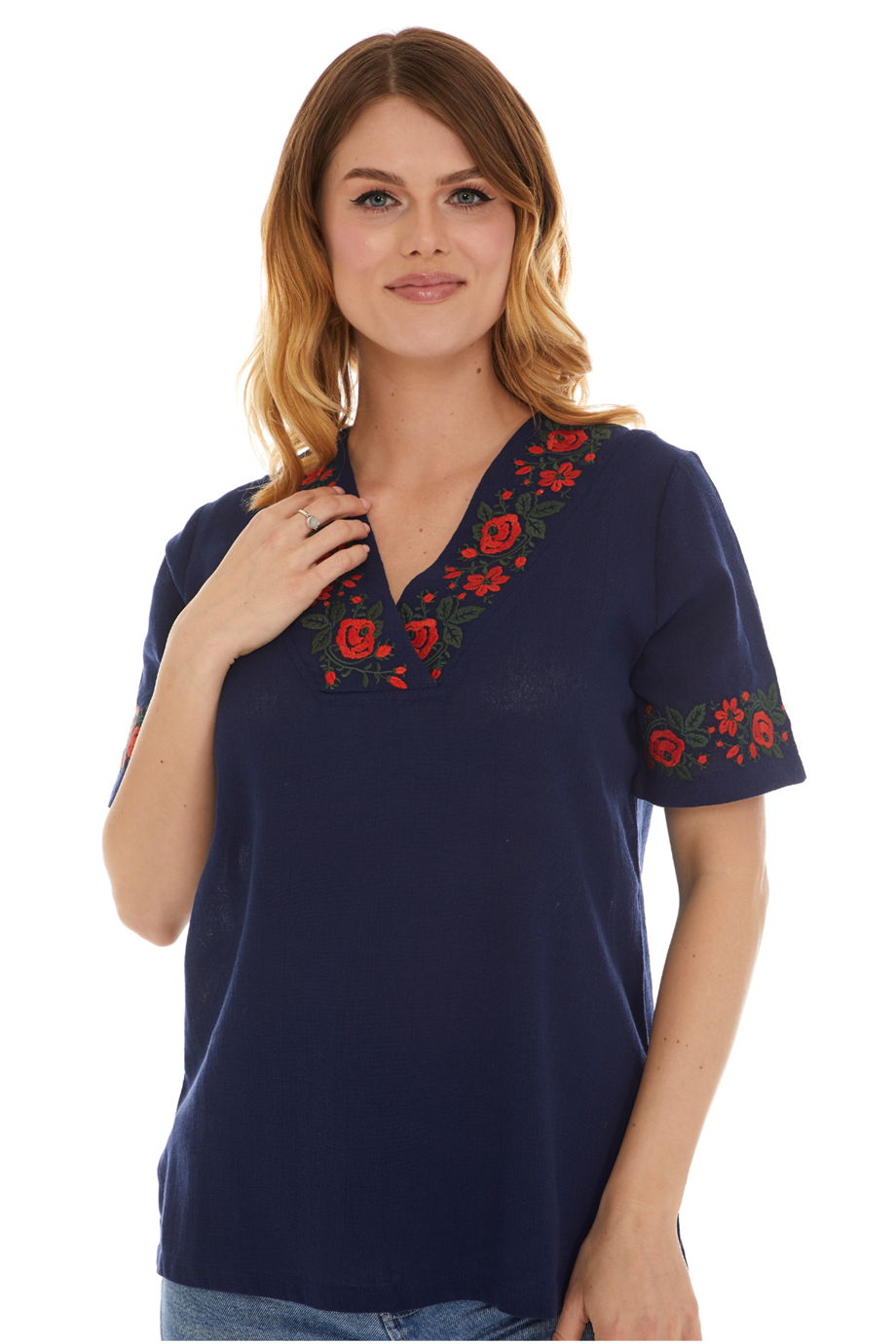 Şile Bezi Kısa Kol Lacivert Gül Nakışlı Bluz 