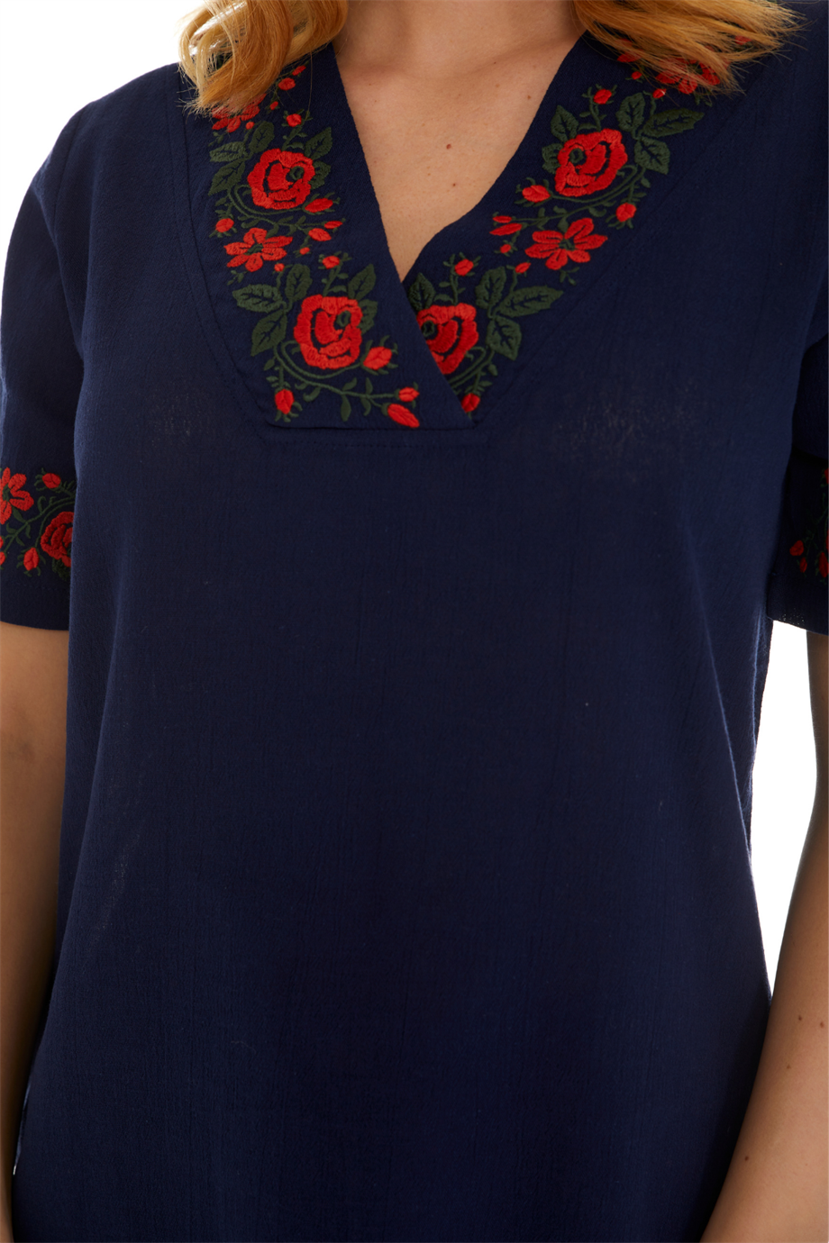 Şile Bezi Kısa Kol Lacivert Gül Nakışlı Bluz 