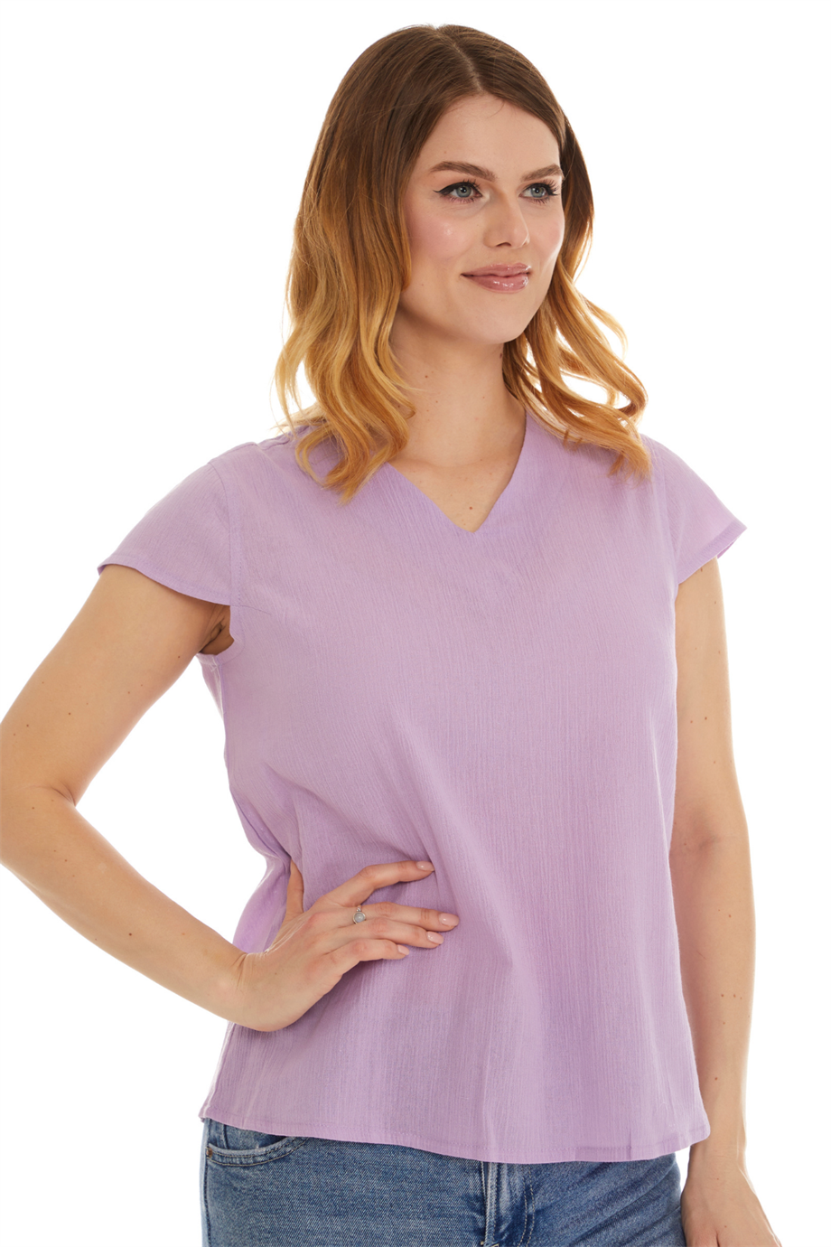 Şile Bezi Kısa Kol Lila Bağlama Detaylı Bluz 