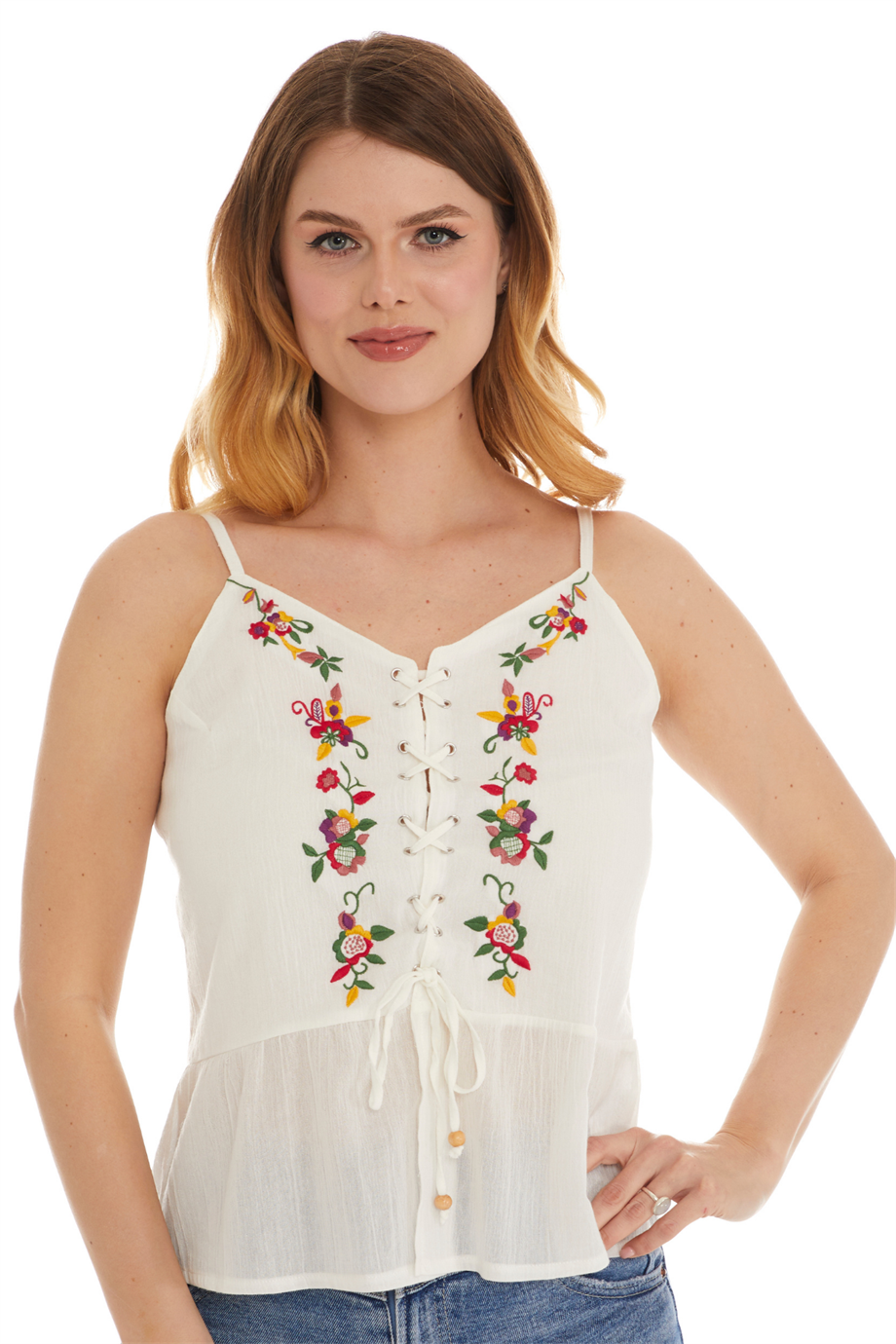 Şile Bezi Krem Askılı Çiçekli Bluz