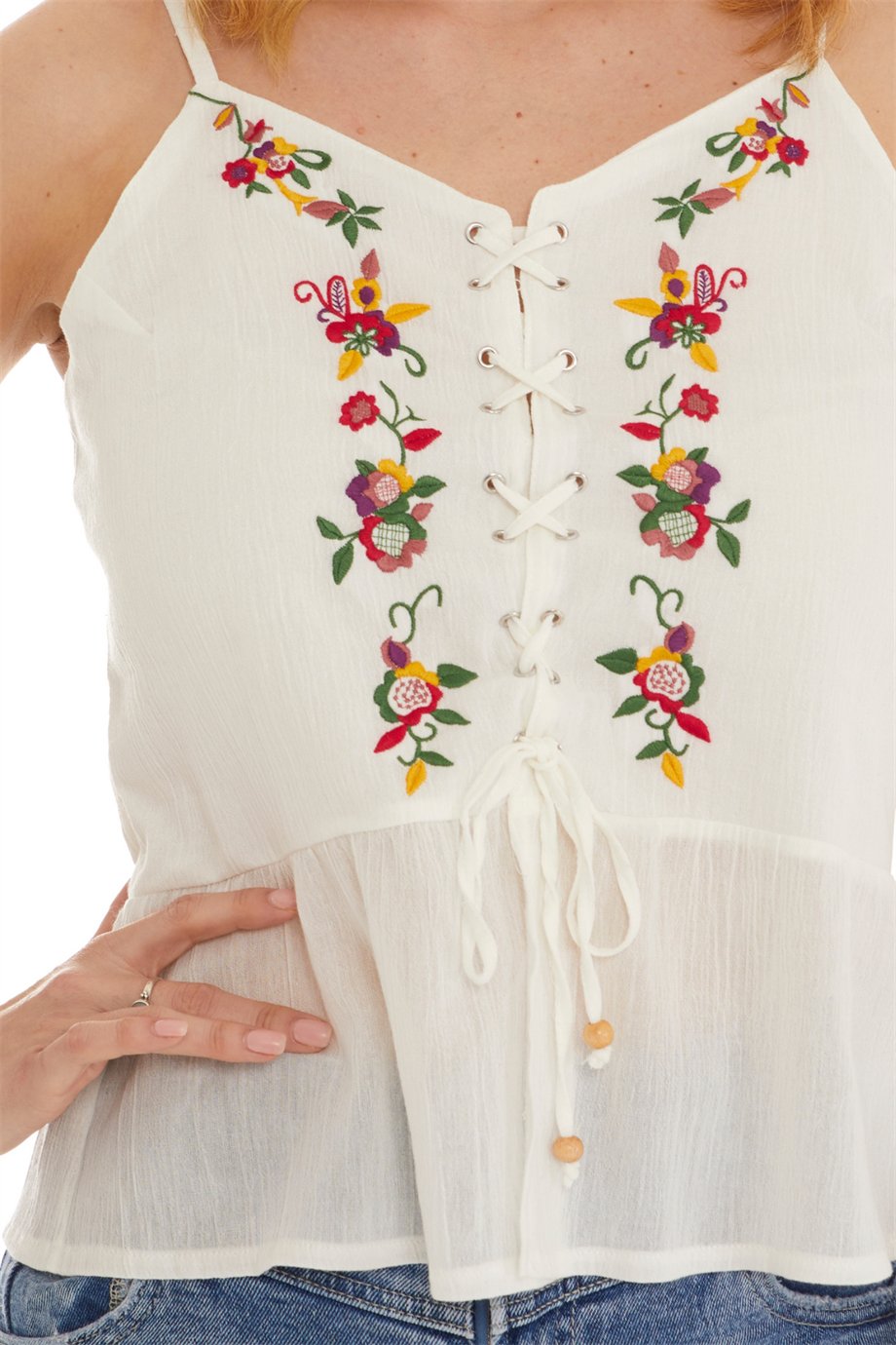 Şile Bezi Krem Askılı Çiçekli Bluz