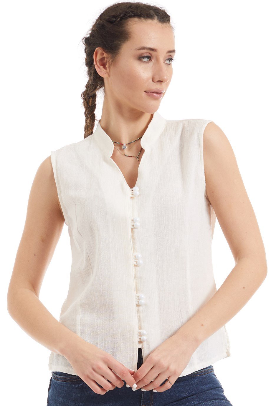 Şile Bezi Krem Düğmeli Bluz