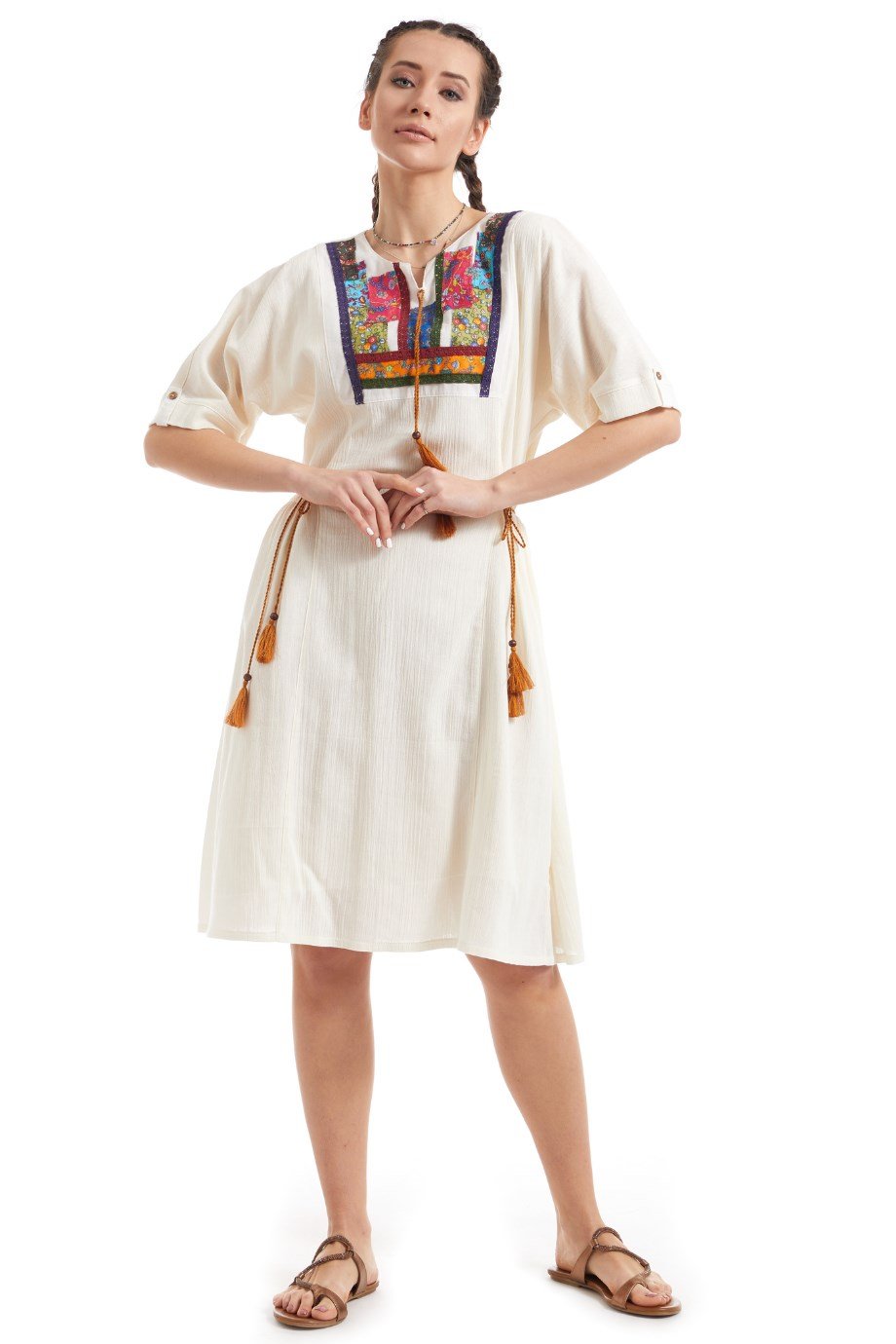 Şile Bezi Krem Kısa Kol Otantik Yamalı Elbise