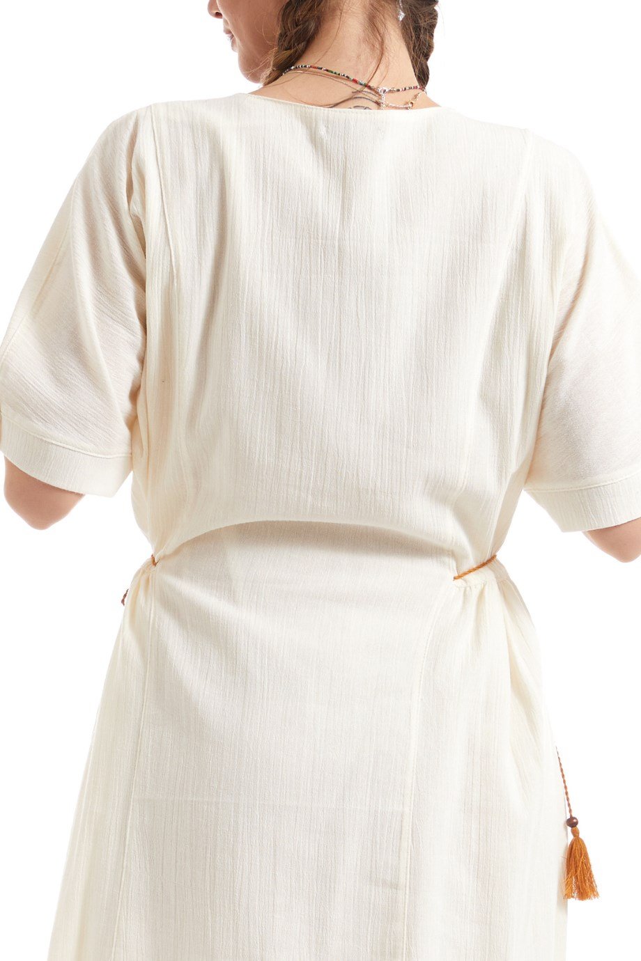 Şile Bezi Krem Kısa Kol Otantik Yamalı Elbise