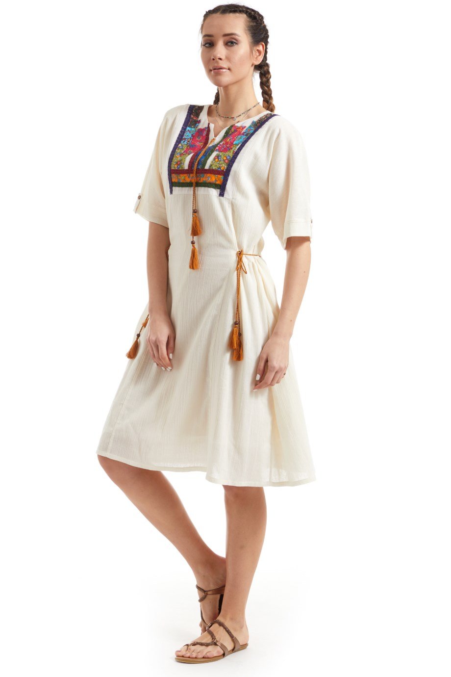 Şile Bezi Krem Kısa Kol Otantik Yamalı Elbise