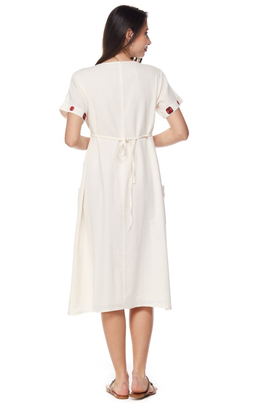 Şile Bezi Krem Kısa Kollu Nakışlı Elbise