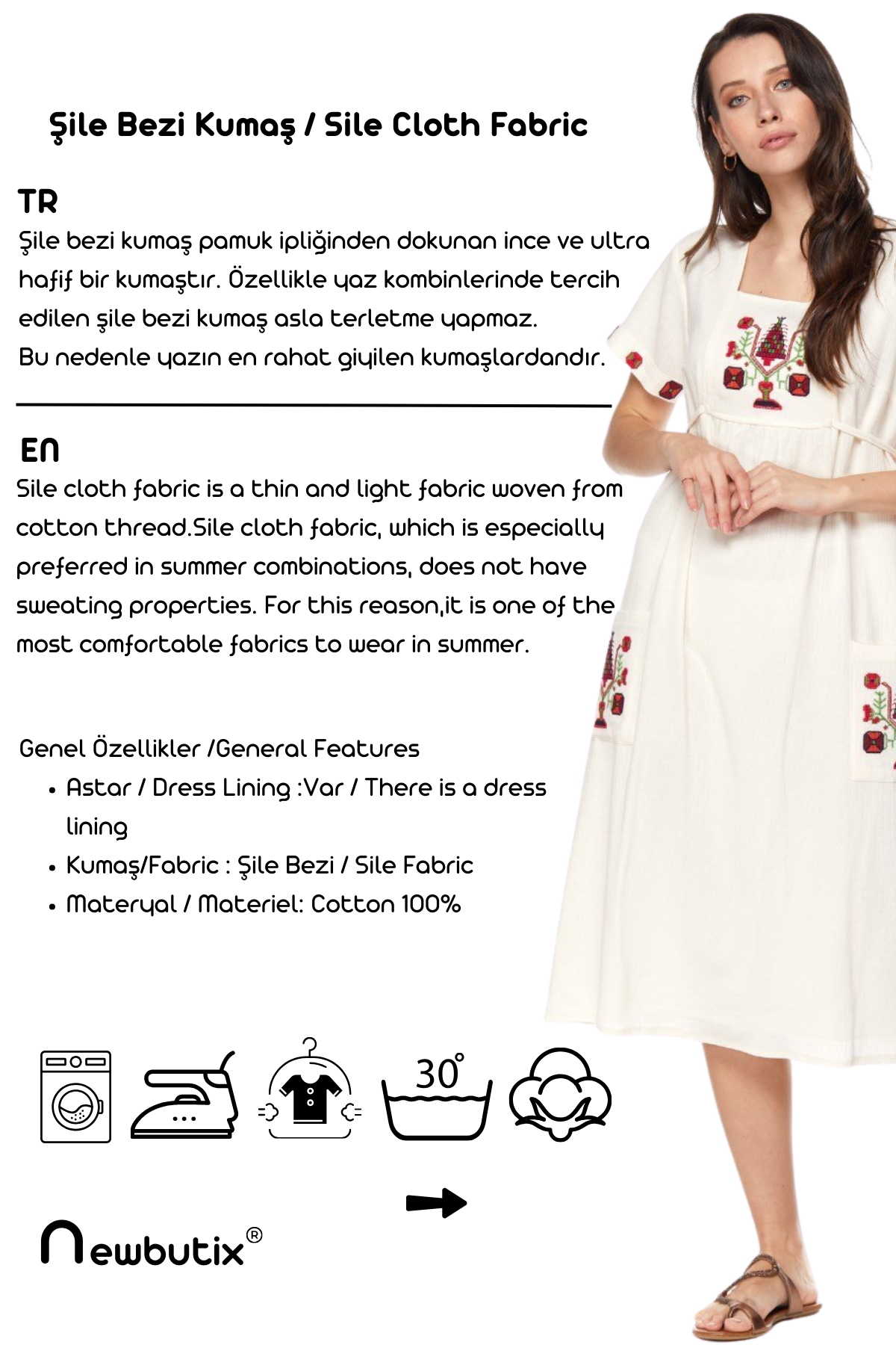 Şile Bezi Krem Kısa Kollu Nakışlı Elbise