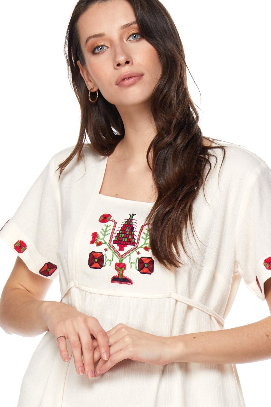 Şile Bezi Krem Kısa Kollu Nakışlı Elbise