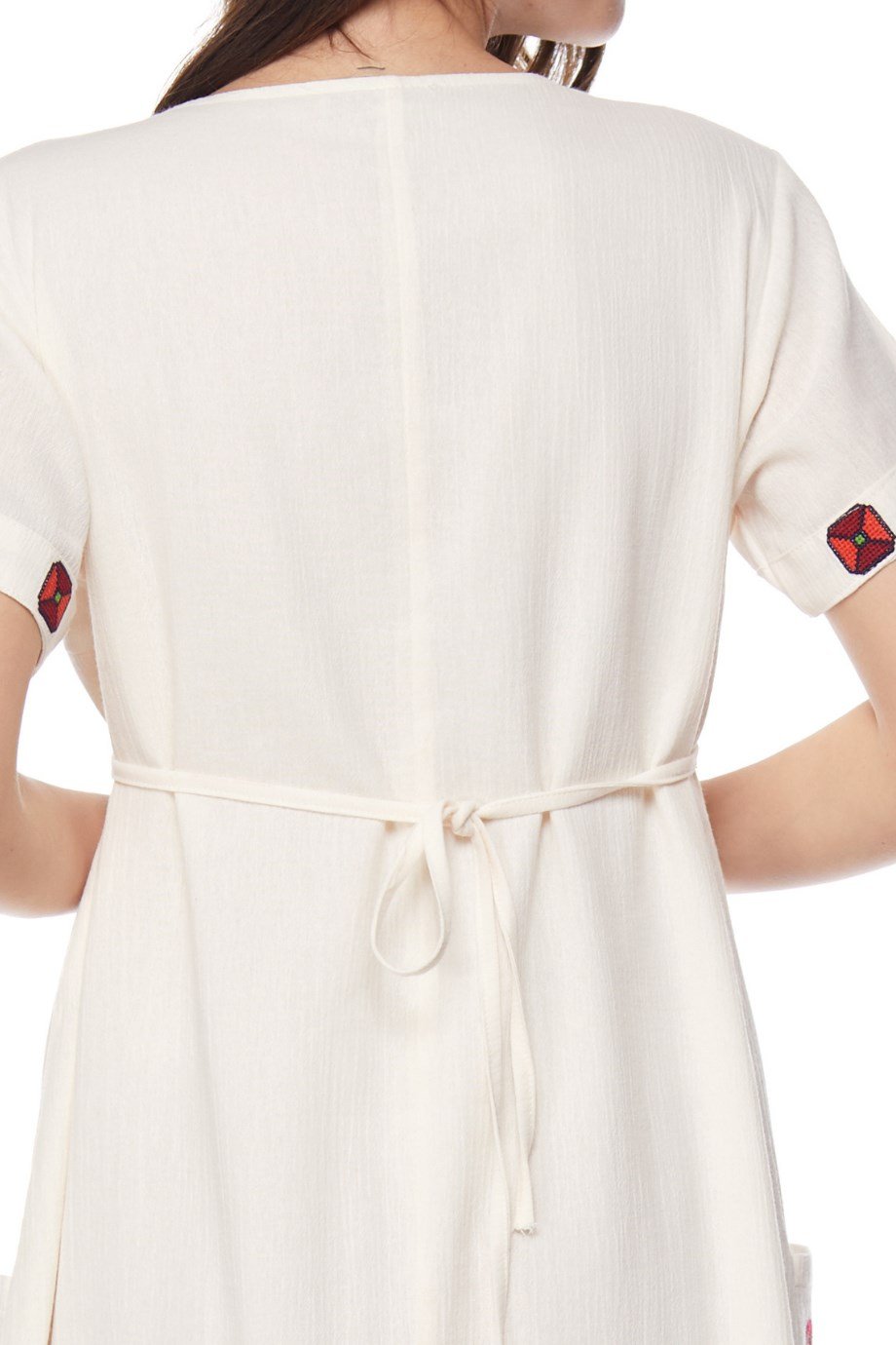 Şile Bezi Krem Kısa Kollu Nakışlı Elbise