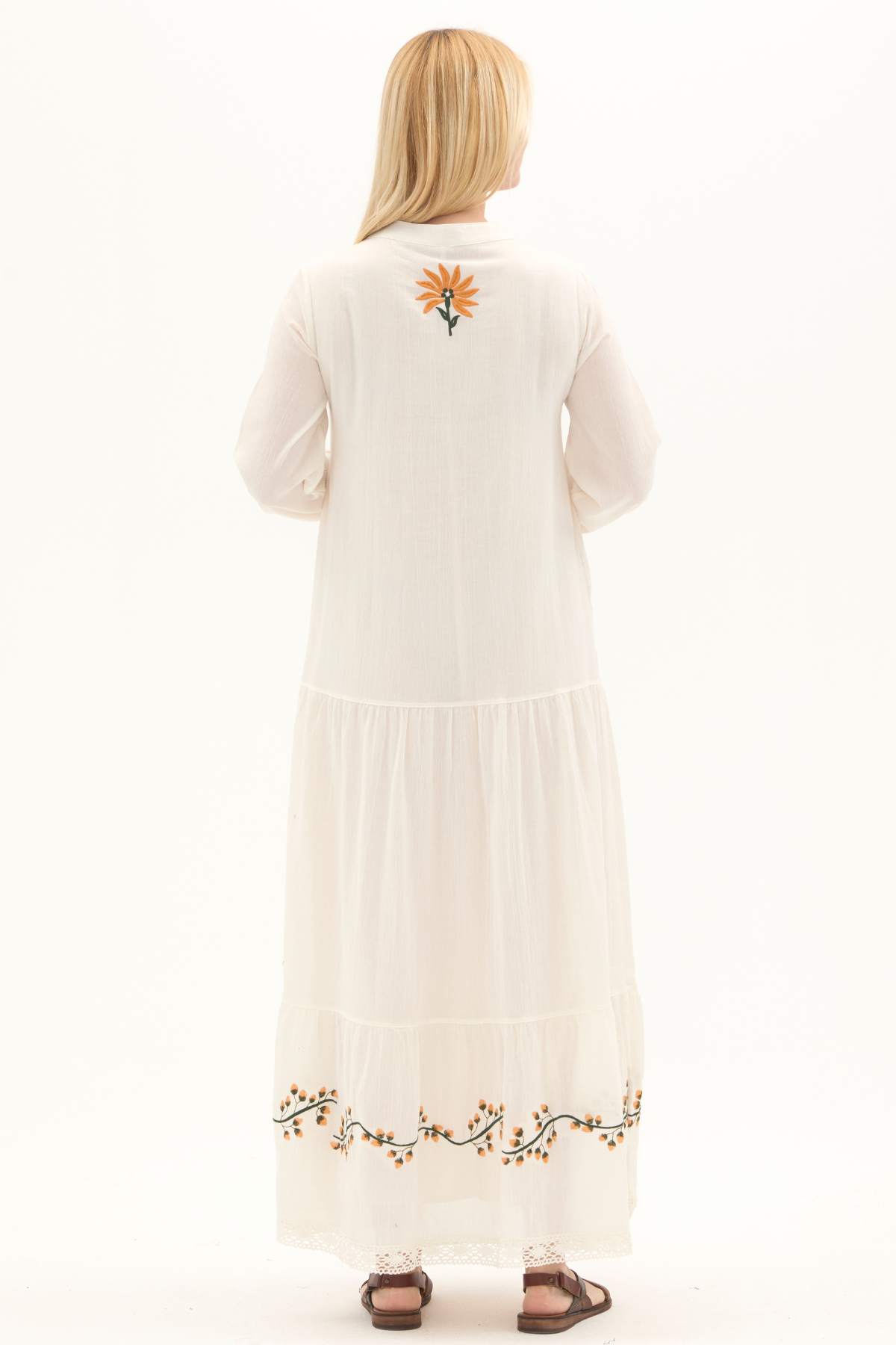 Şile Bezi Krem Uzun Kol Nakışlı Uzun Yazlık Elbise