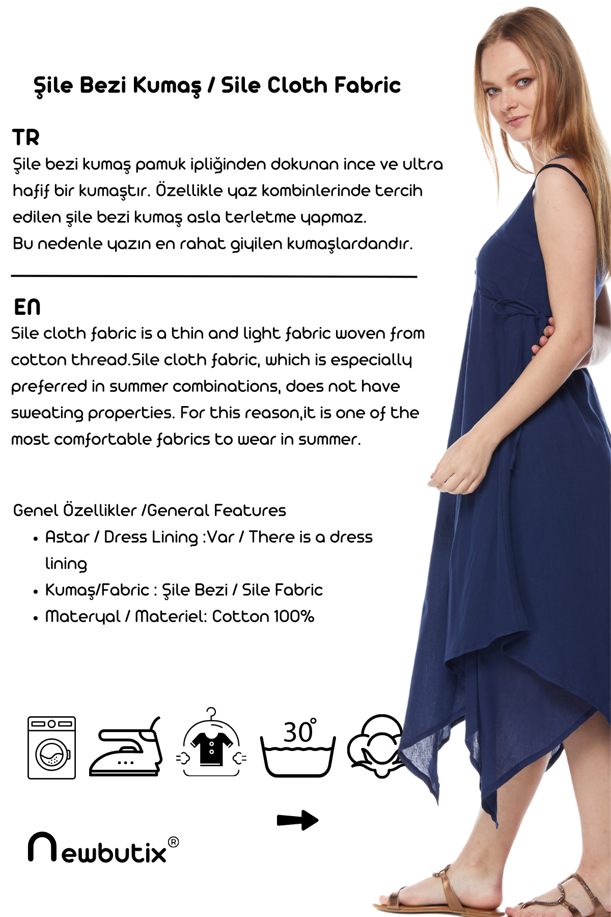 Şile Bezi Lacivert Asimetrik Düğmeli Elbise