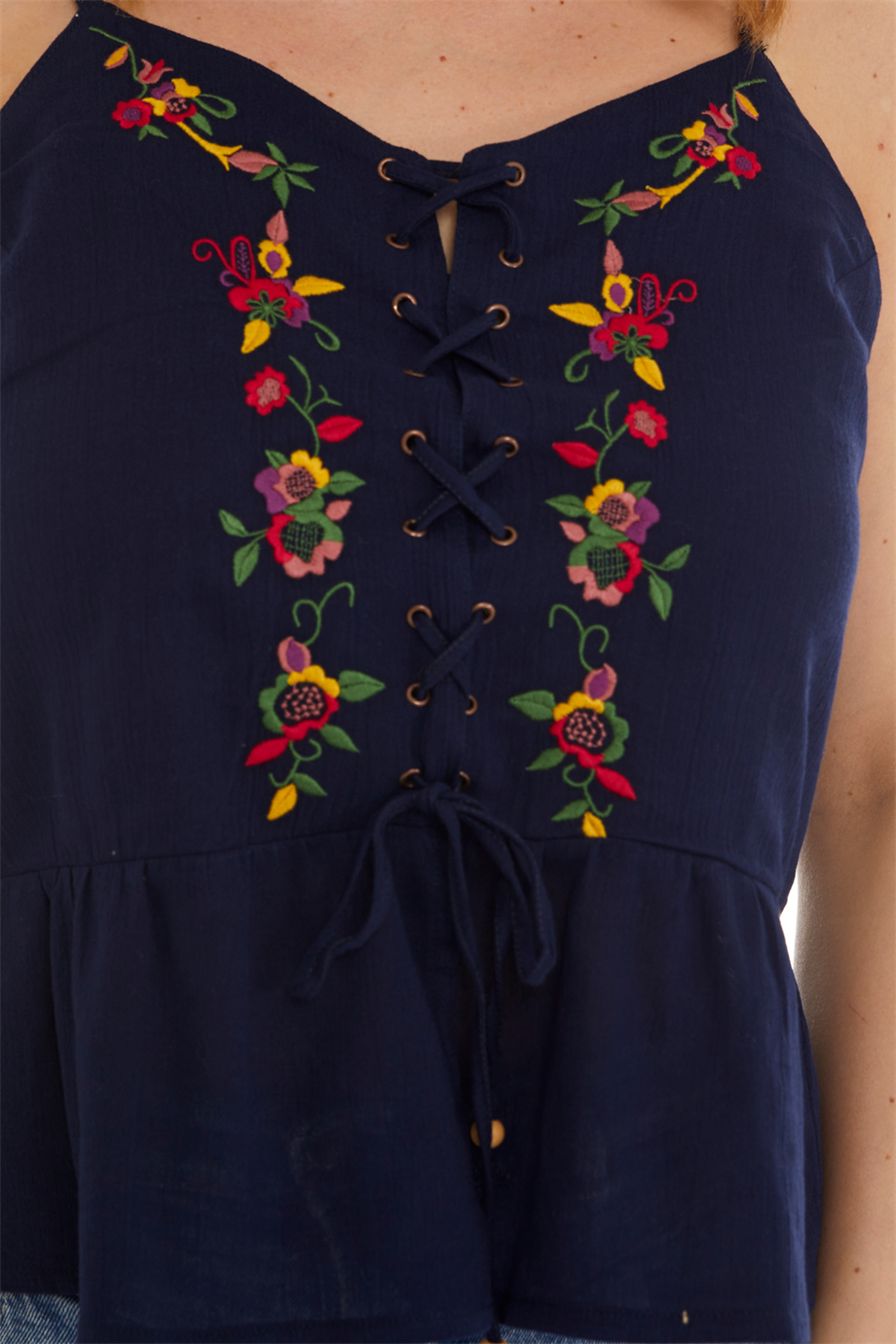 Şile Bezi Lacivert Askılı Çiçekli Bluz