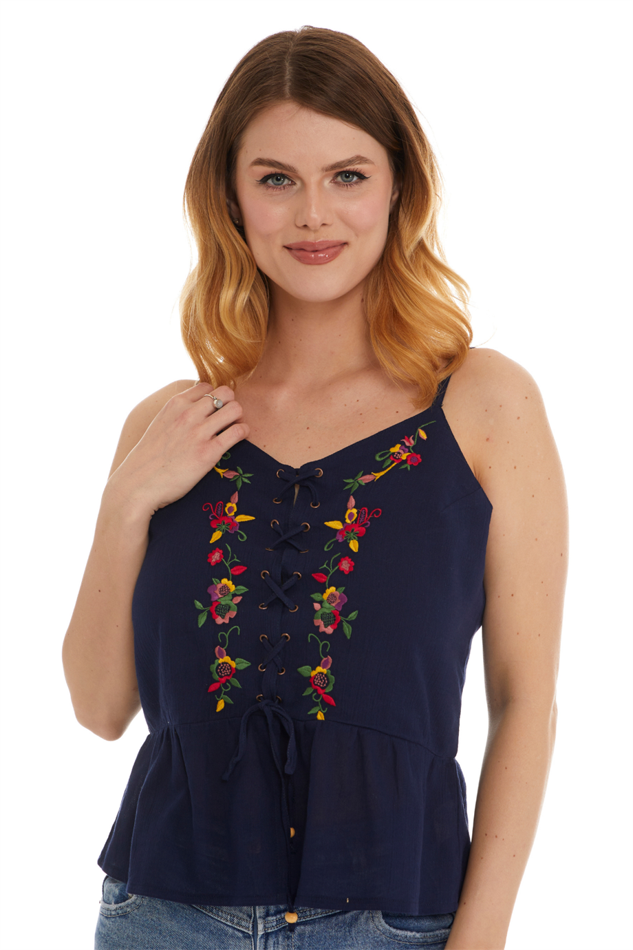 Şile Bezi Lacivert Askılı Çiçekli Bluz