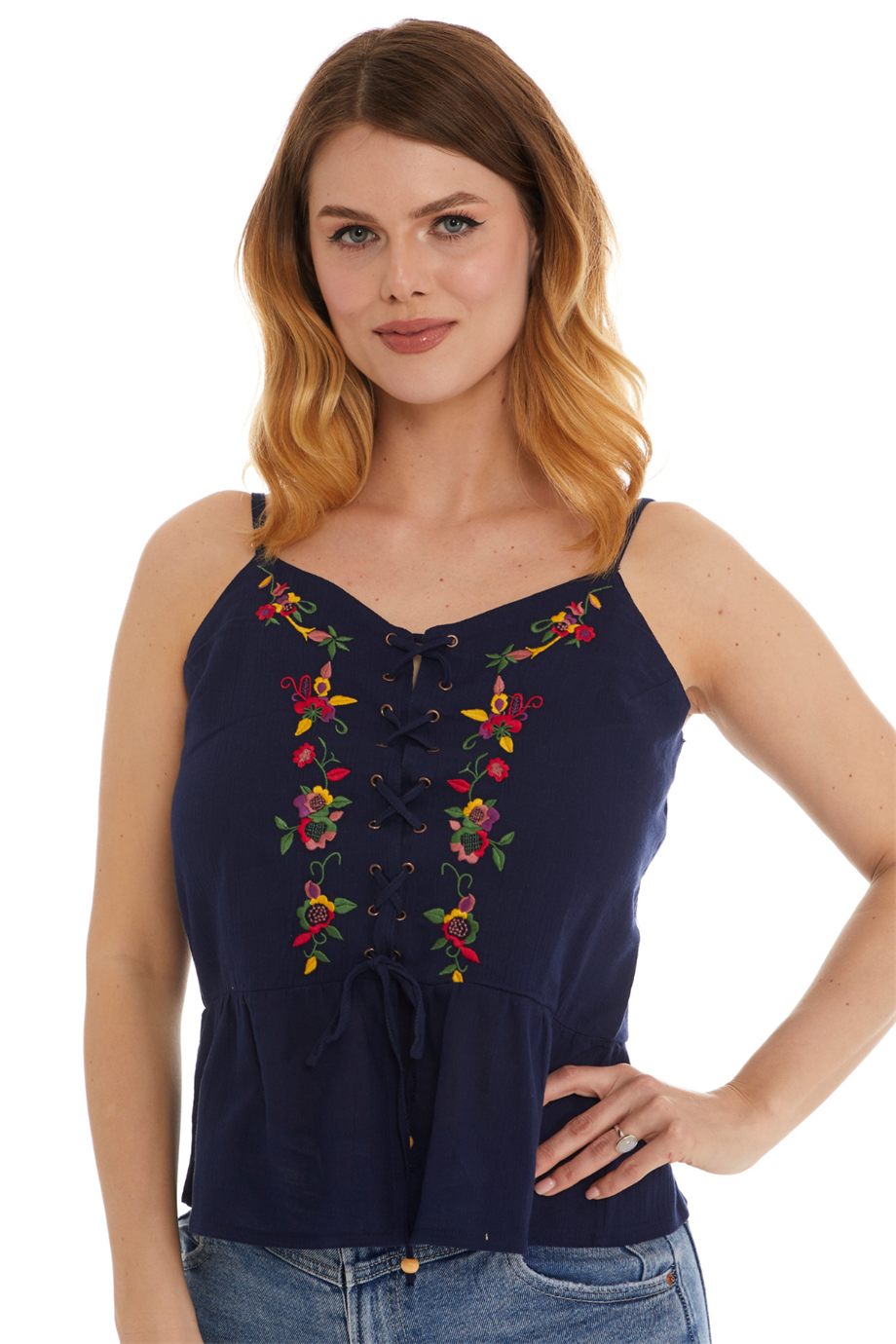 Şile Bezi Lacivert Askılı Çiçekli Bluz