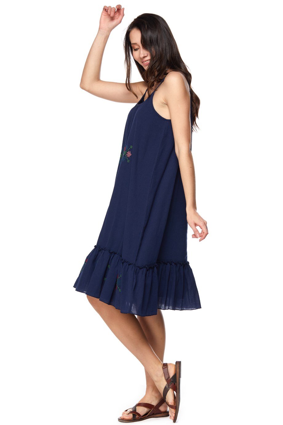 Şile Bezi Lacivert Askılı Otantik Nakışlı Elbise