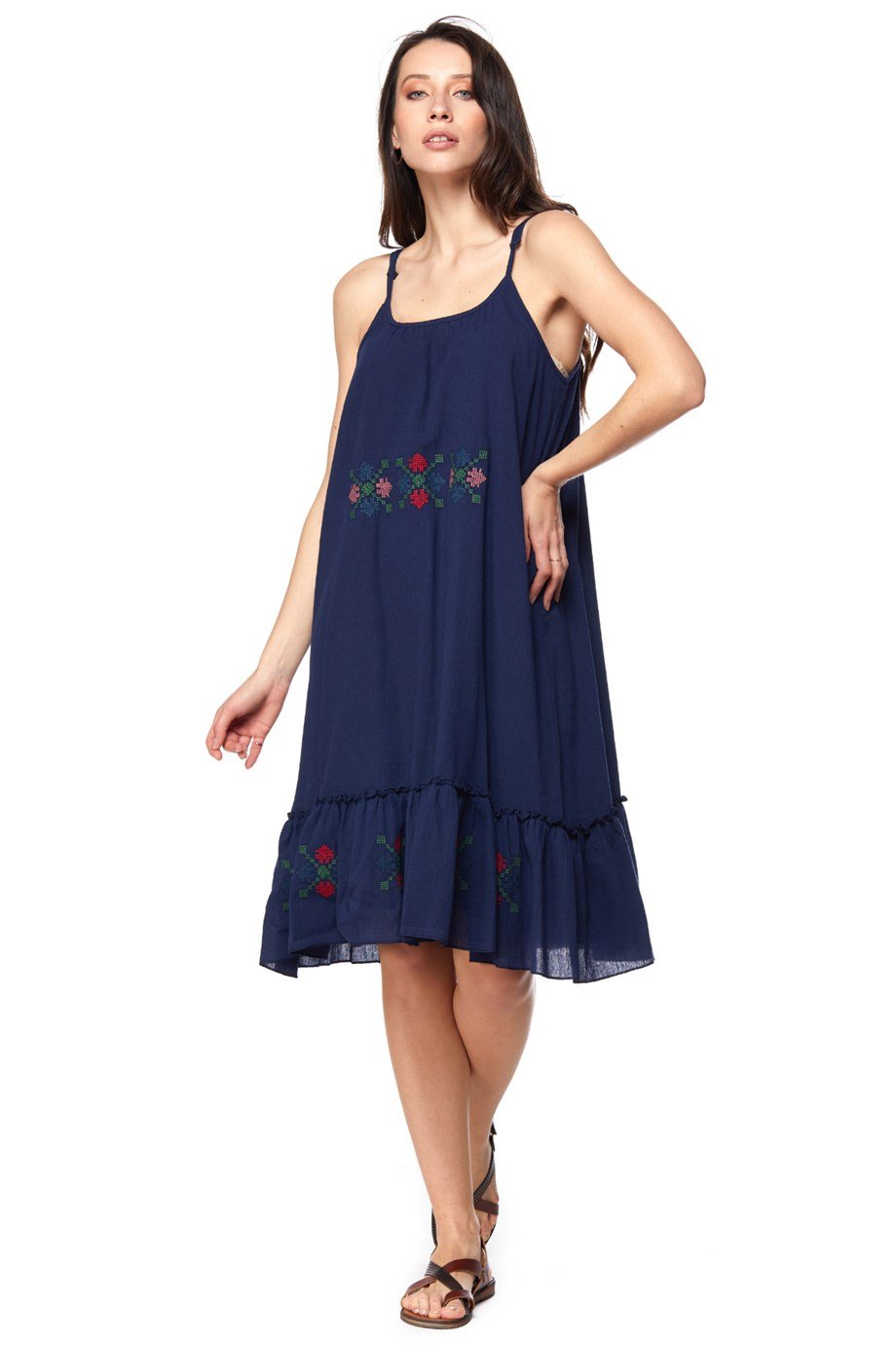 Şile Bezi Lacivert Askılı Otantik Nakışlı Elbise