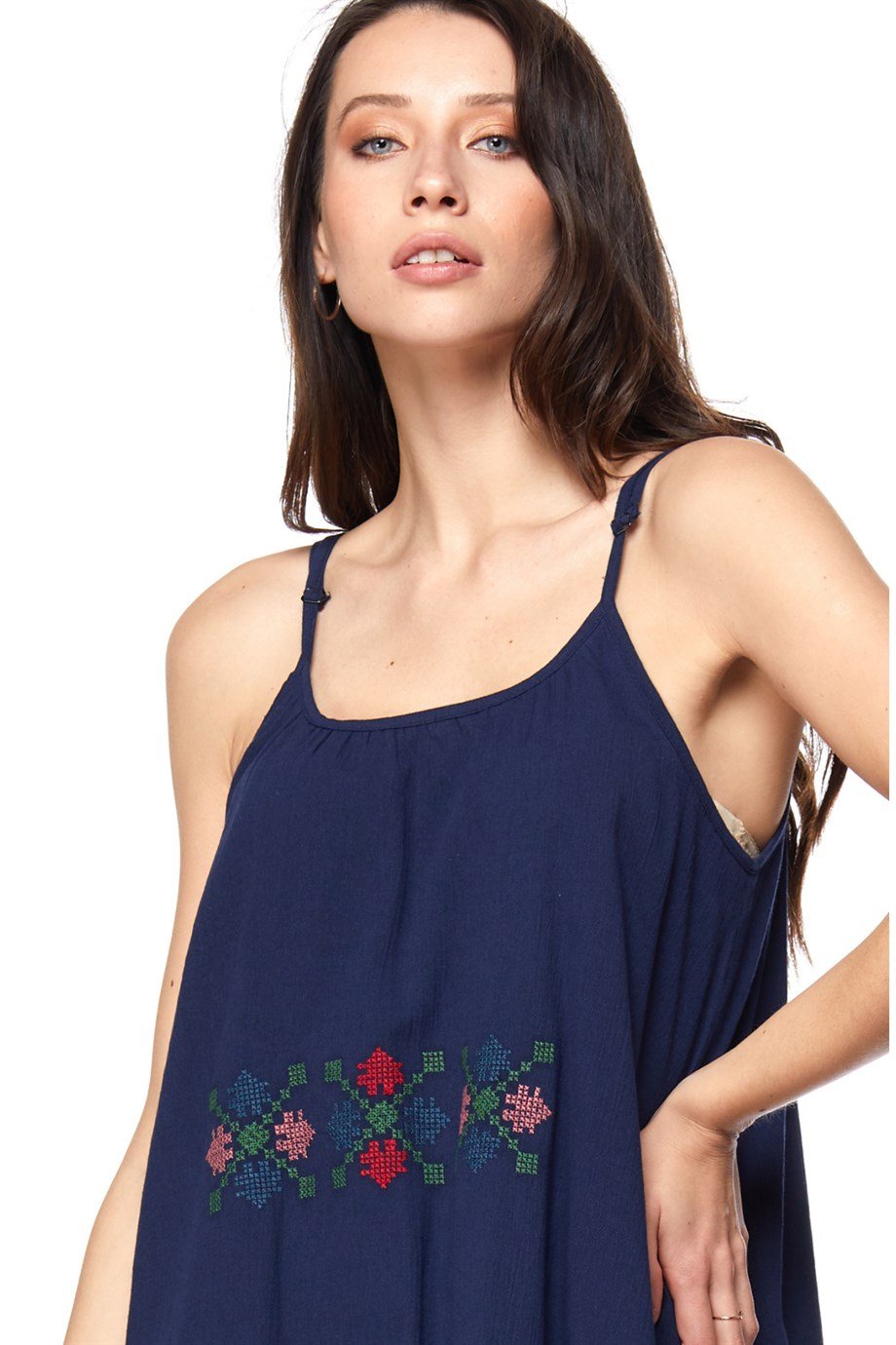 Şile Bezi Lacivert Askılı Otantik Nakışlı Elbise