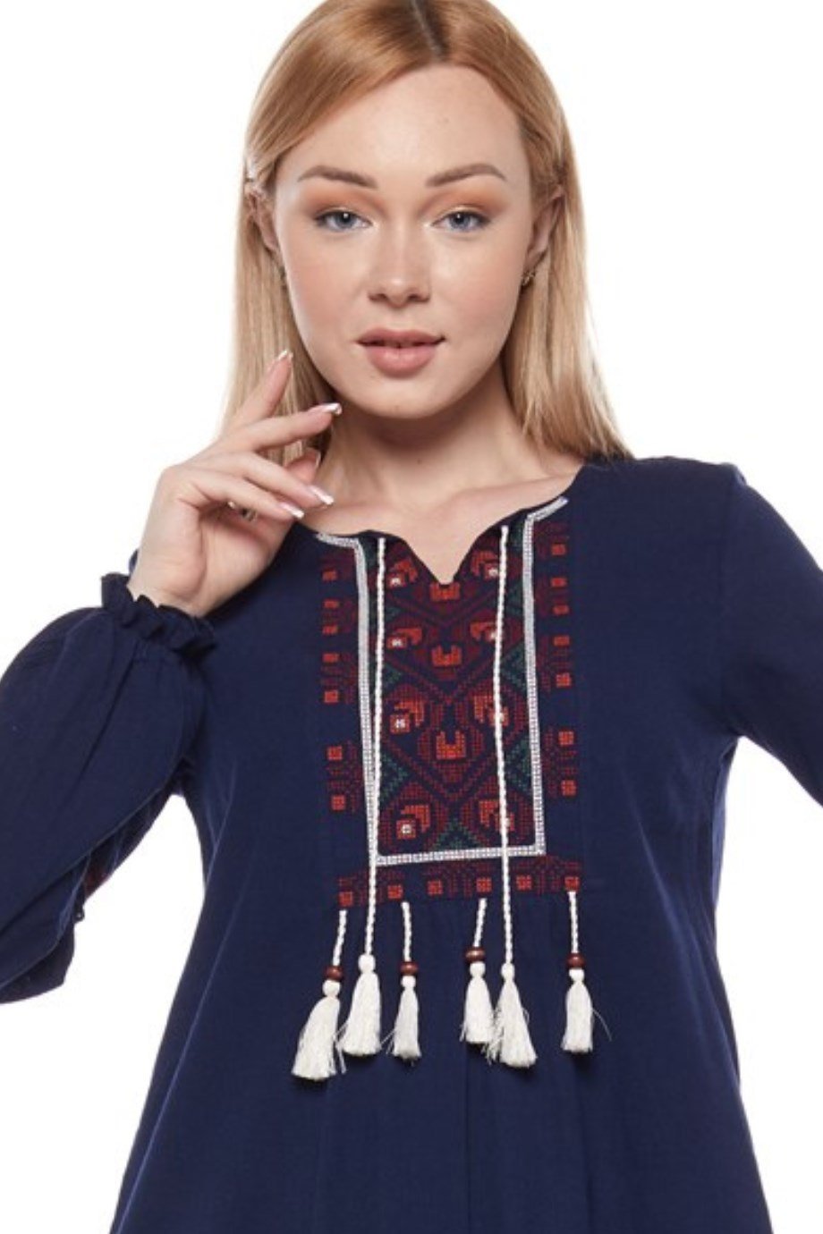 Şile Bezi Lacivert Uzun Kollu Püsküllü Elbise