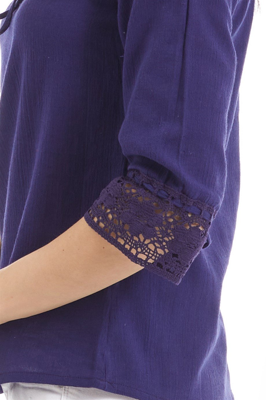 Şile Bezi Mor Dantel Yaka Yarım Kol  Bluz
