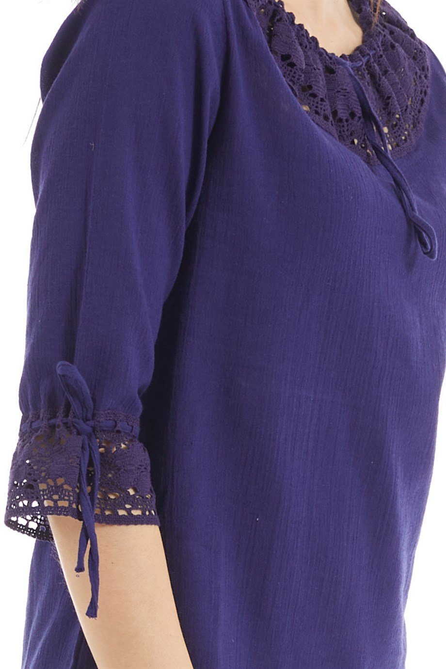 Şile Bezi Mor Dantel Yaka Yarım Kol  Bluz