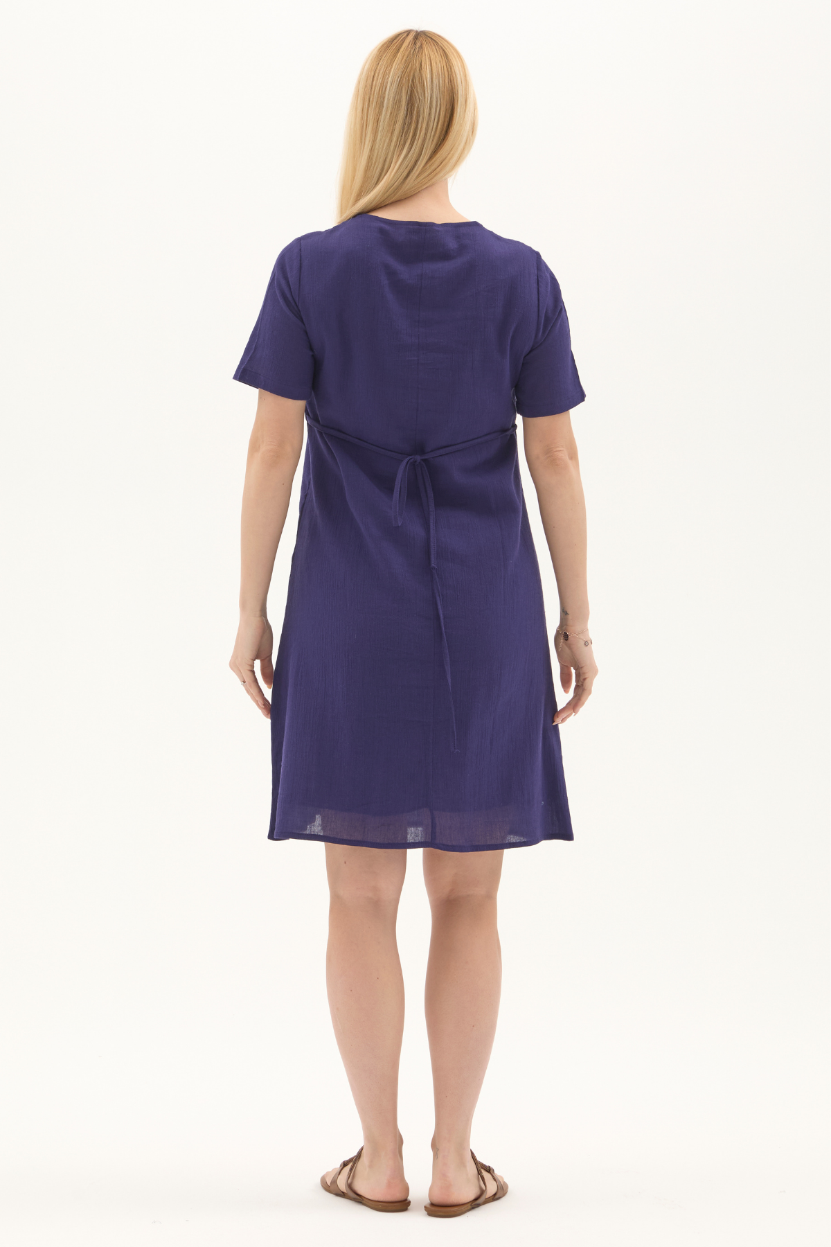 Şile Bezi Mor Kısa Kol Nakışlı Kare Yaka İlkbahar ve Yaz Elbise