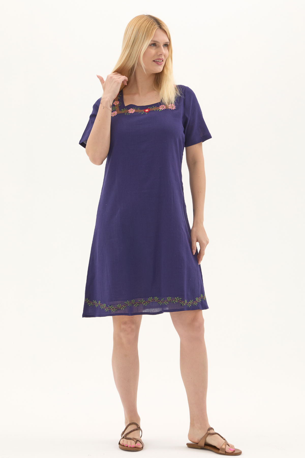 Şile Bezi Mor Kısa Kol Nakışlı Kare Yaka İlkbahar ve Yaz Elbise