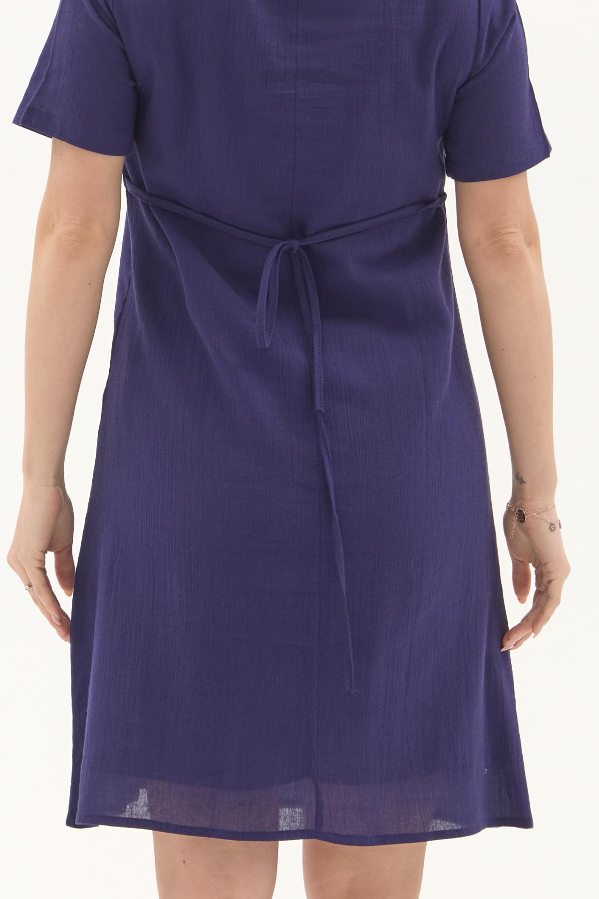 Şile Bezi Mor Kısa Kol Nakışlı Kare Yaka İlkbahar ve Yaz Elbise