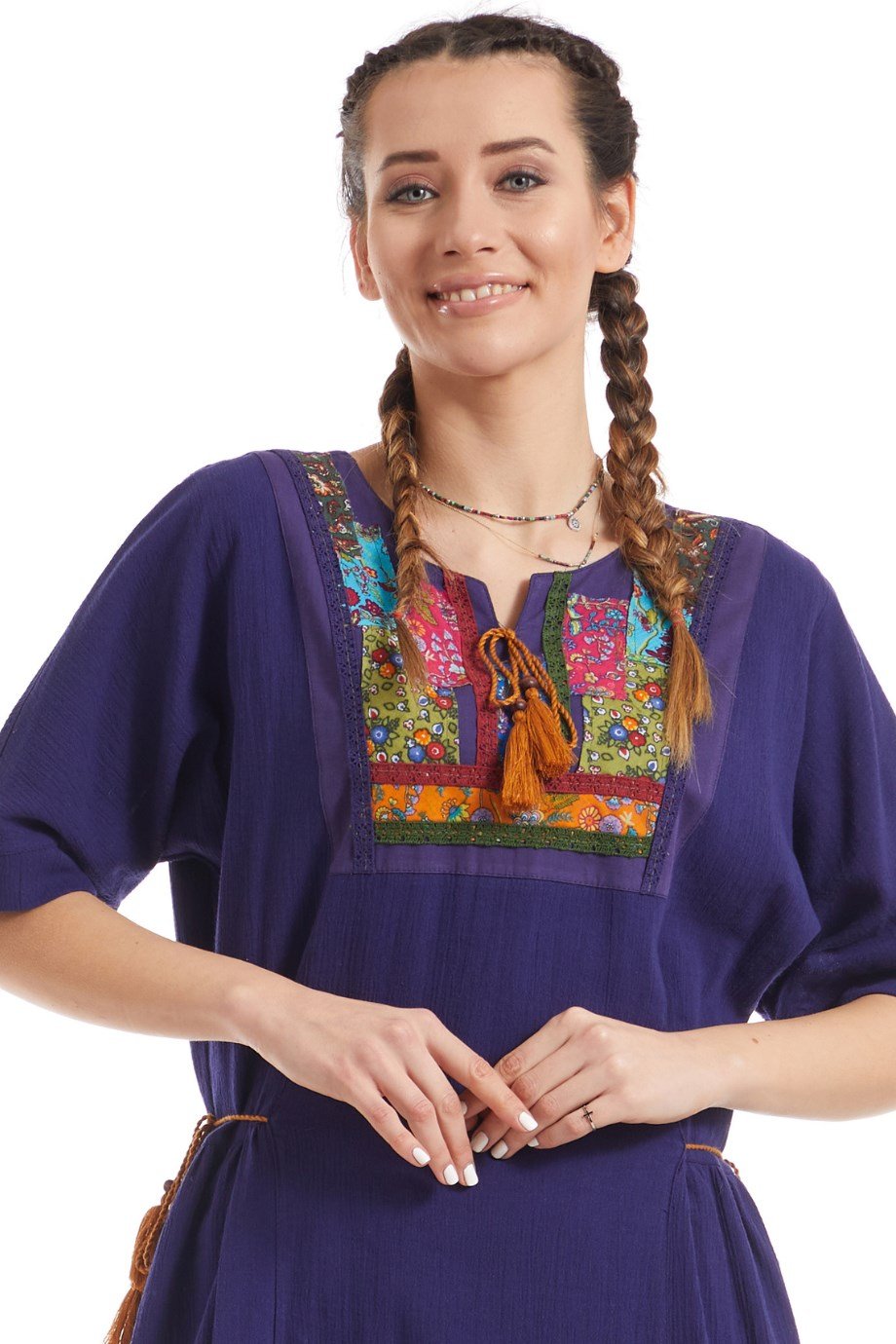 Şile Bezi Mor Kısa Kol Otantik Yamalı Elbise