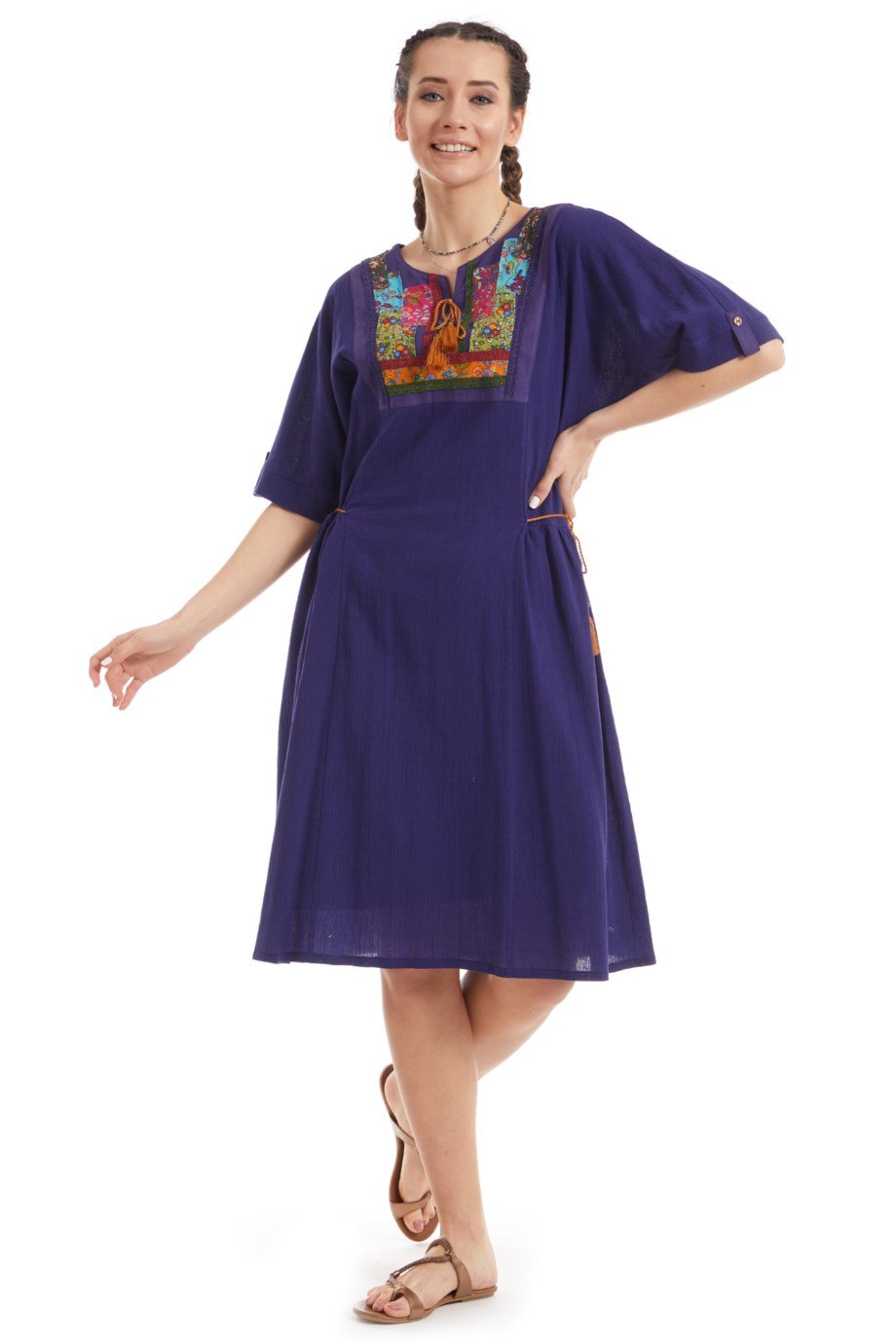 Şile Bezi Mor Kısa Kol Otantik Yamalı Elbise