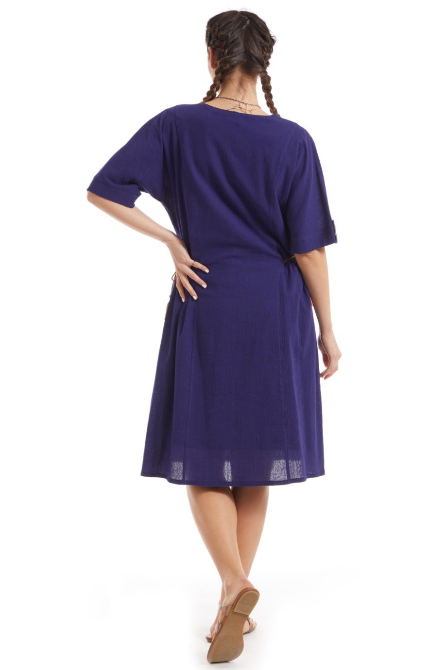 Şile Bezi Mor Kısa Kol Otantik Yamalı Elbise