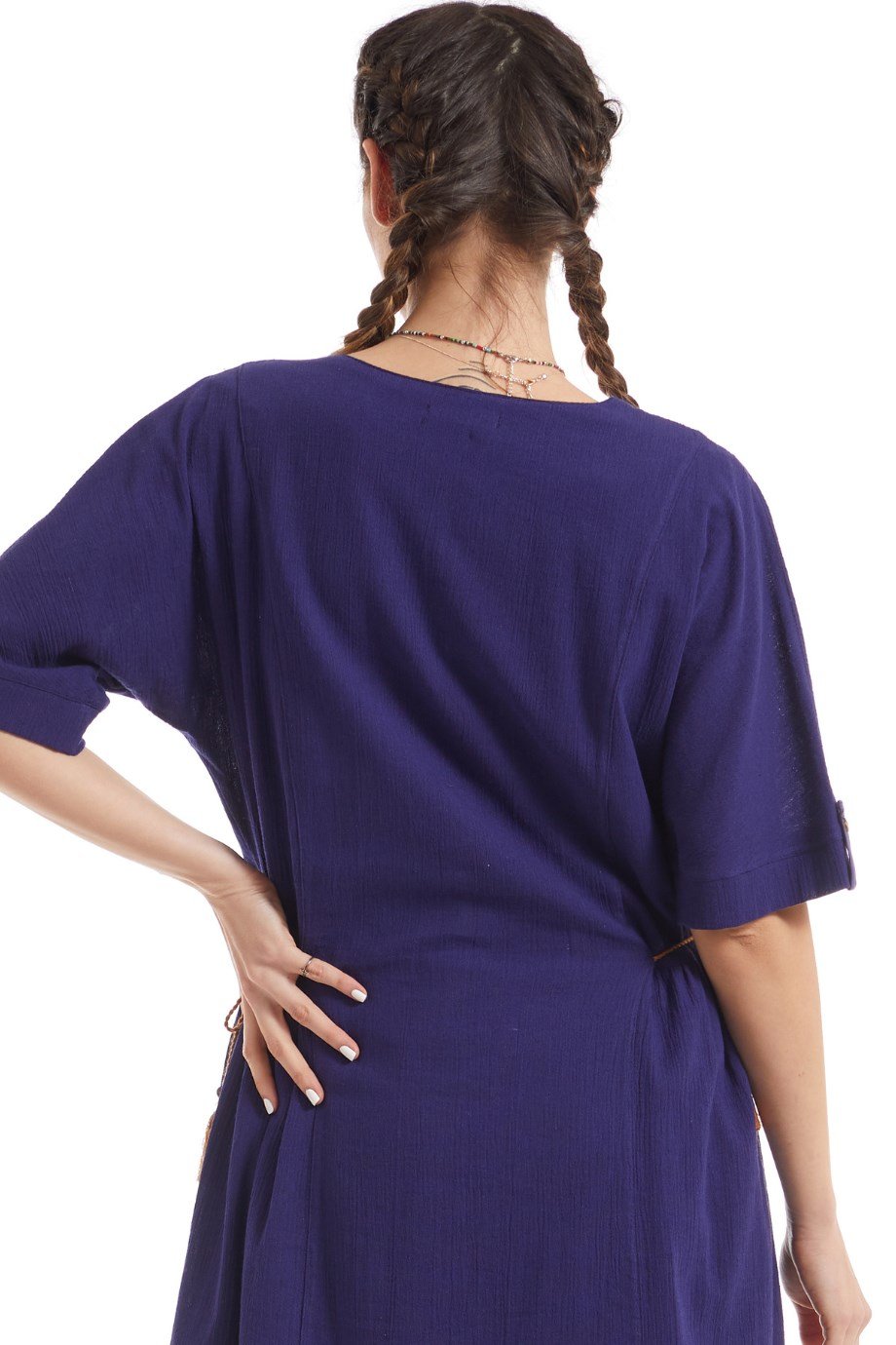 Şile Bezi Mor Kısa Kol Otantik Yamalı Elbise