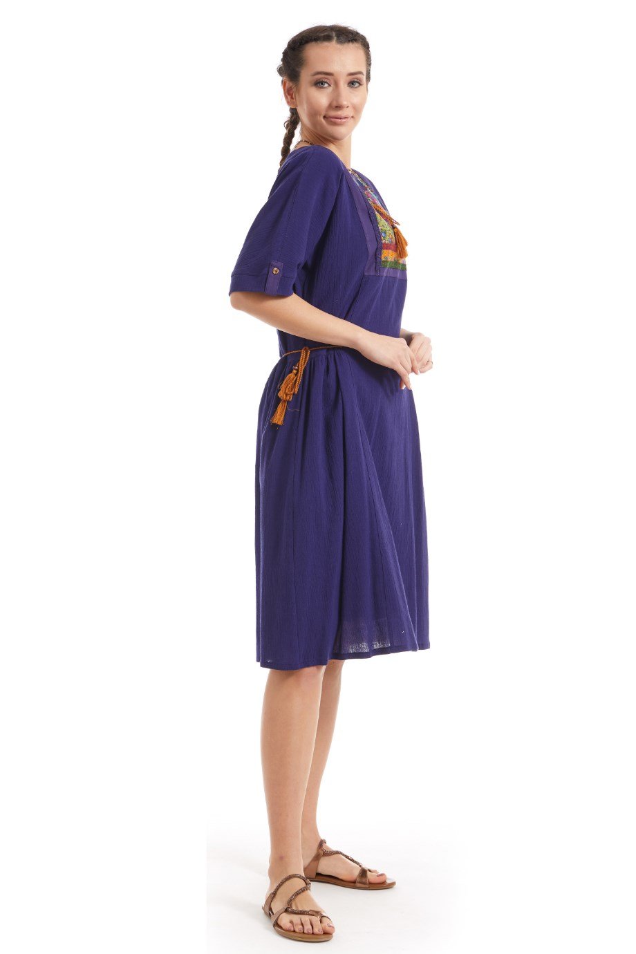 Şile Bezi Mor Kısa Kol Otantik Yamalı Elbise