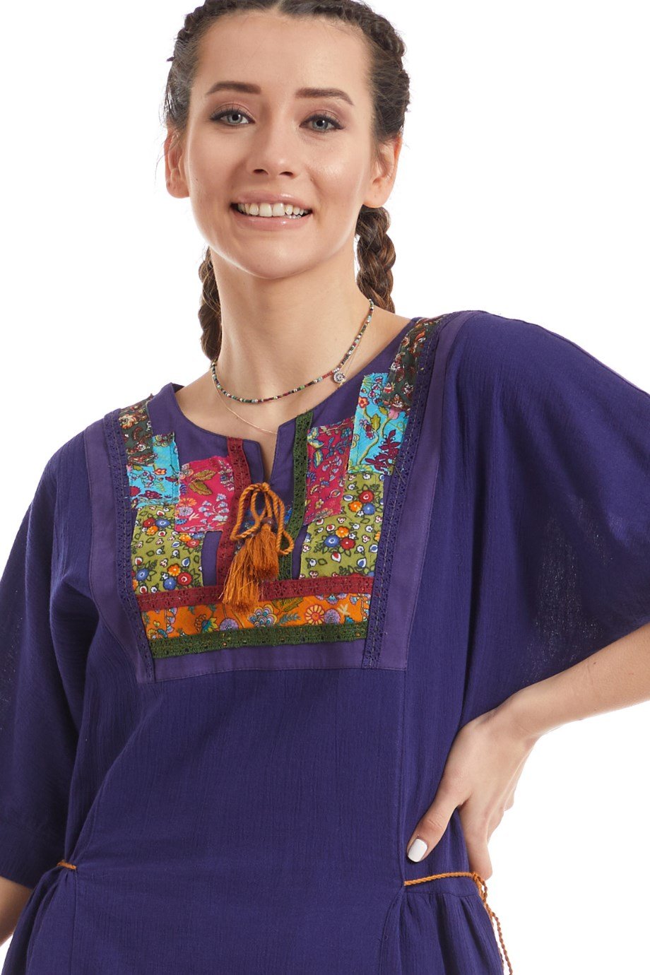 Şile Bezi Mor Kısa Kol Otantik Yamalı Elbise