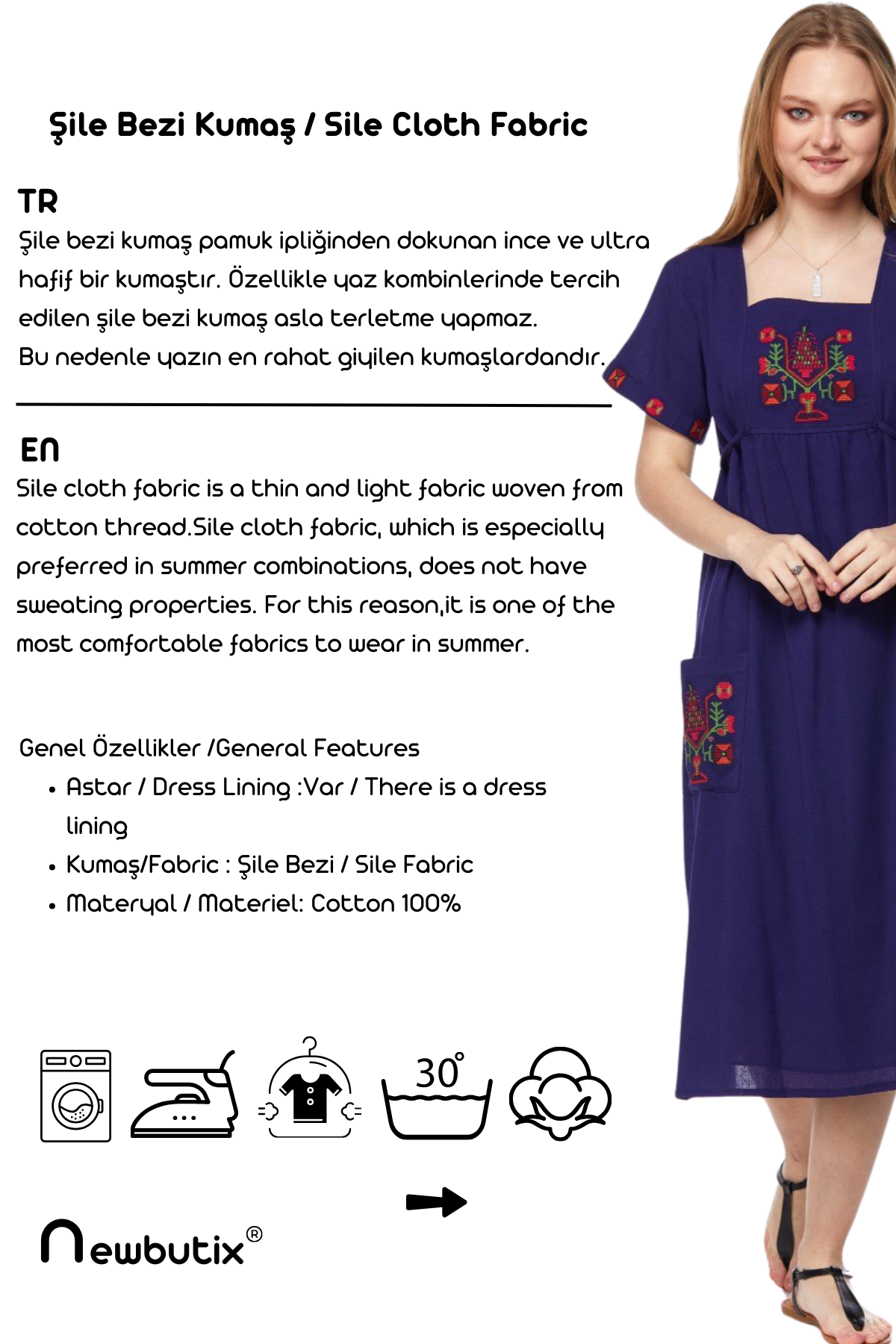 Şile Bezi Mor Kısa Kollu Nakışlı Elbise