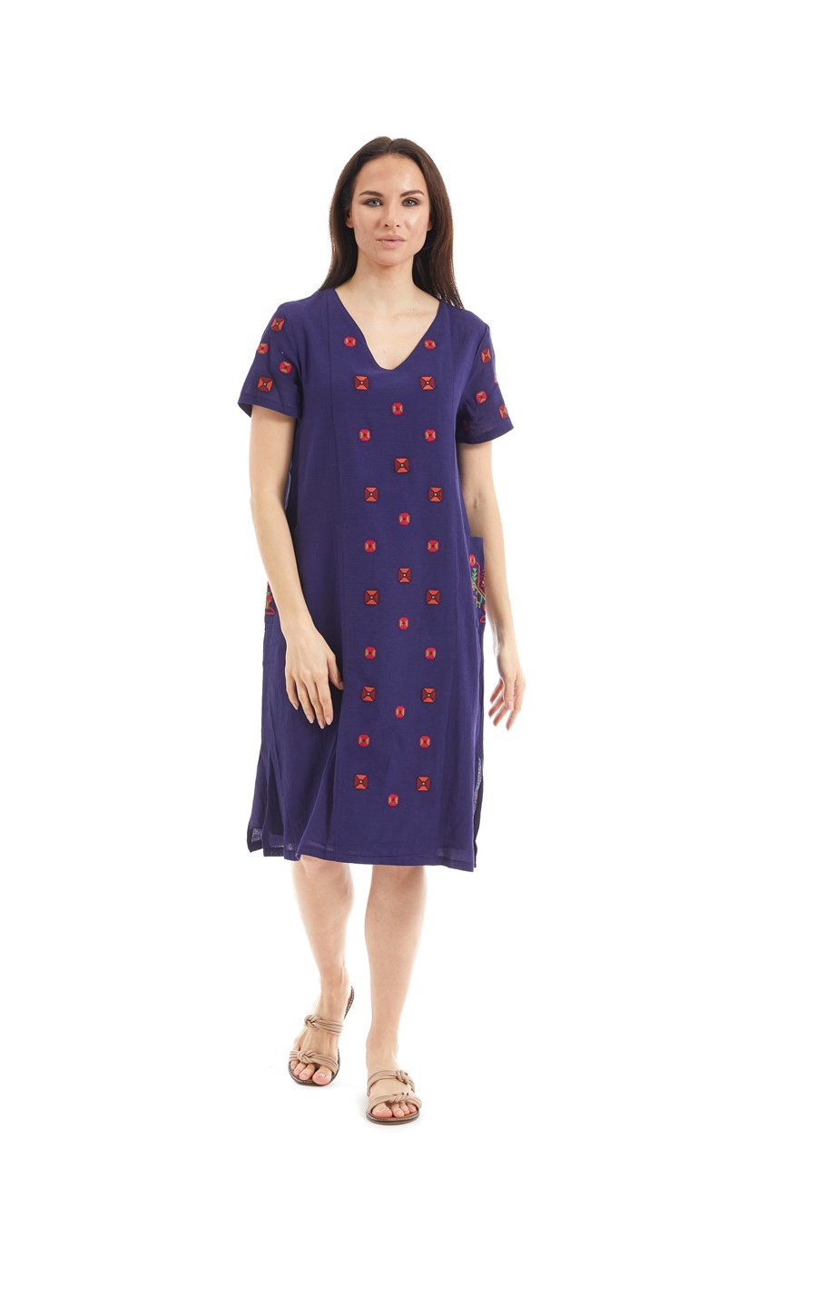 Şile Bezi Mor Nakışlı Cepli Elbise