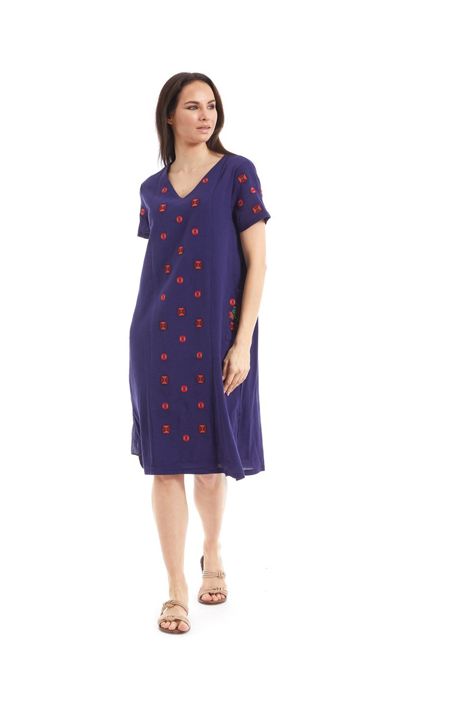 Şile Bezi Mor Nakışlı Cepli Elbise