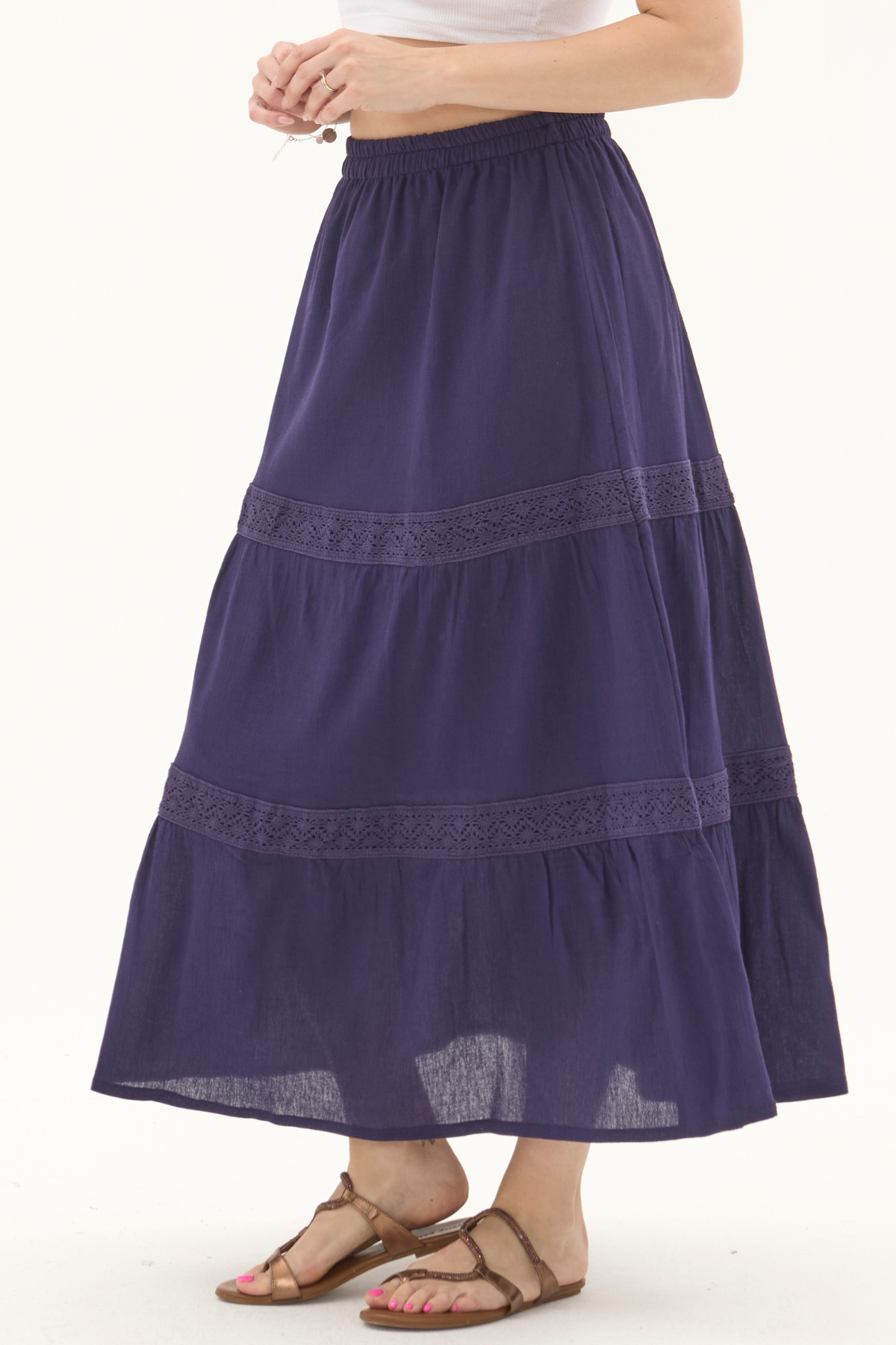 Şile Bezi Mor Uzun Yazlık Dantelli Etek