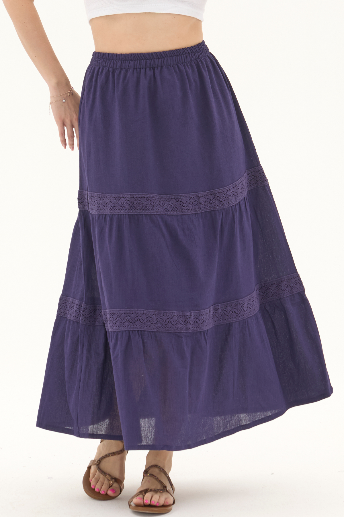 Şile Bezi Mor Uzun Yazlık Dantelli Etek