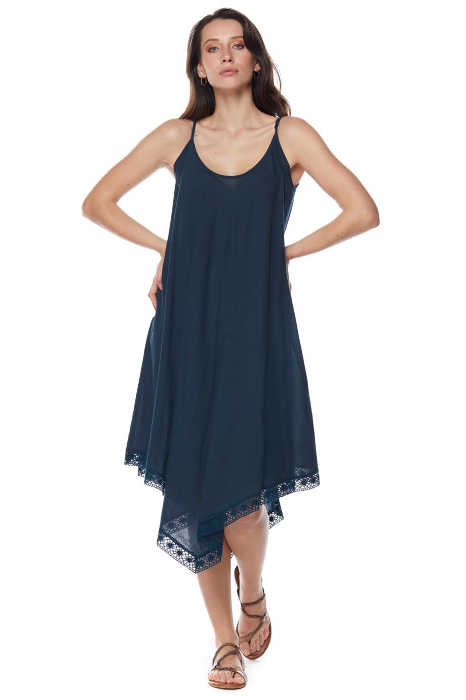 Şile Bezi Petrol  Askılı Asimetrik Elbise