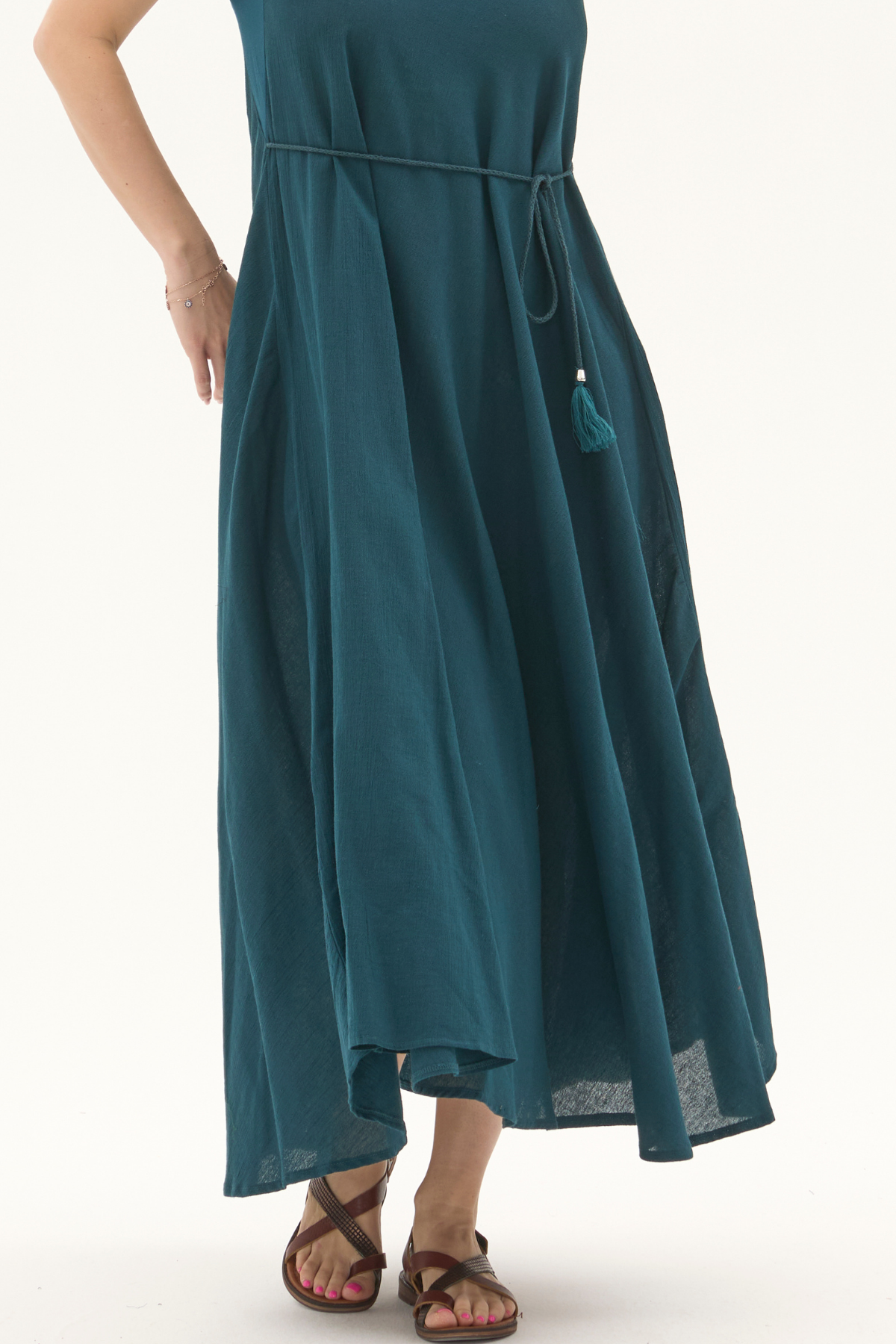 Şile Bezi Petrol Askılı Uzun Yazlık Elbise