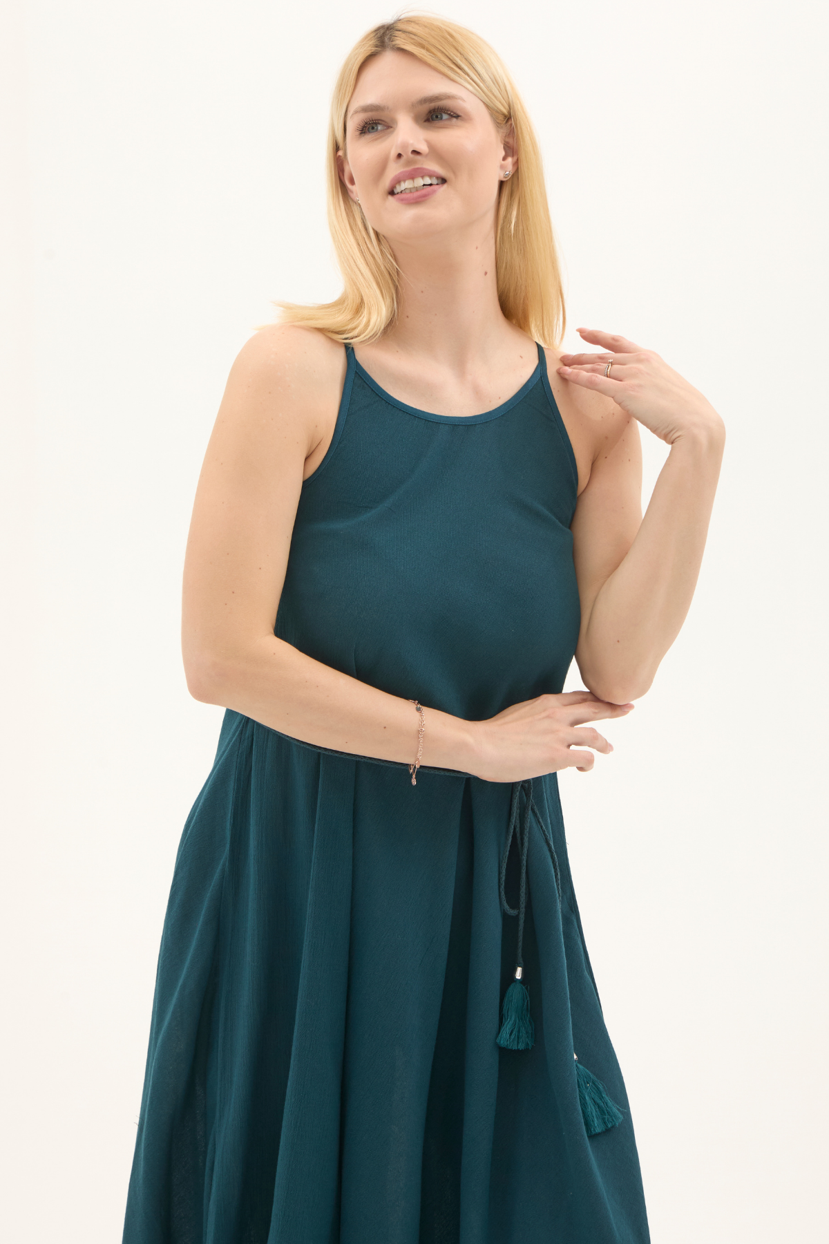 Şile Bezi Petrol Askılı Uzun Yazlık Elbise