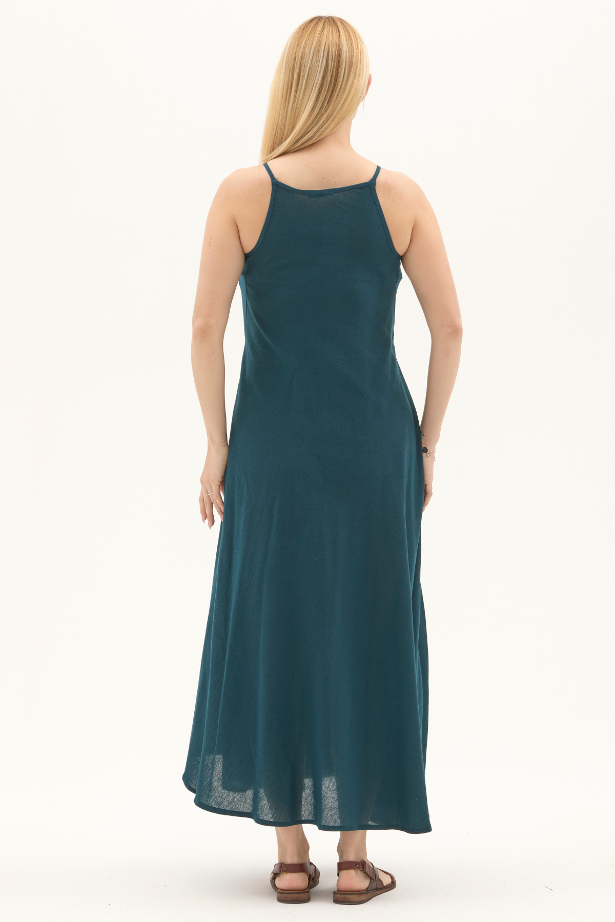 Şile Bezi Petrol Askılı Uzun Yazlık Elbise