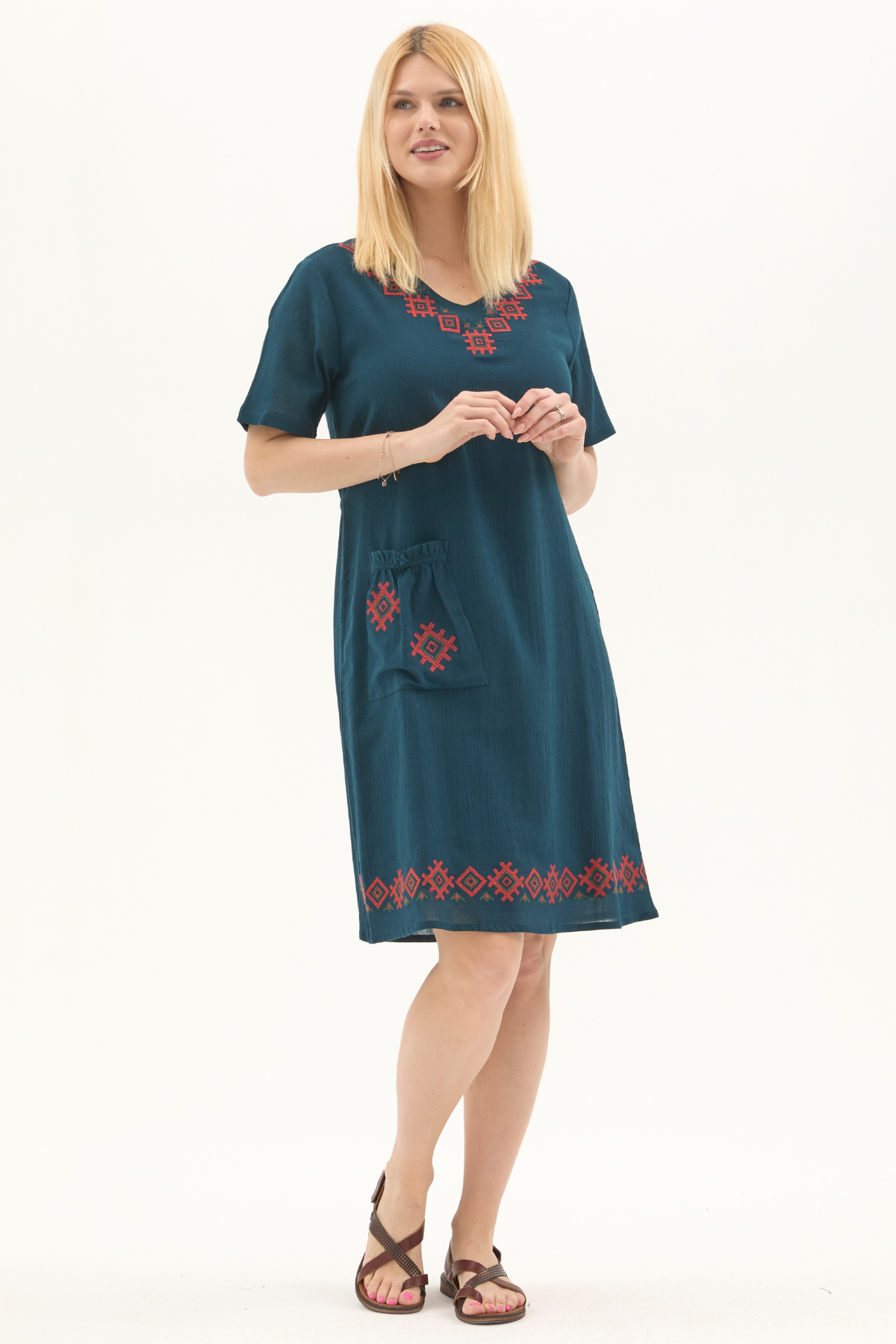 Şile Bezi Petrol Kısa Kol Kruvaze Yaka Nakışlı Yazlık Midi Elbise