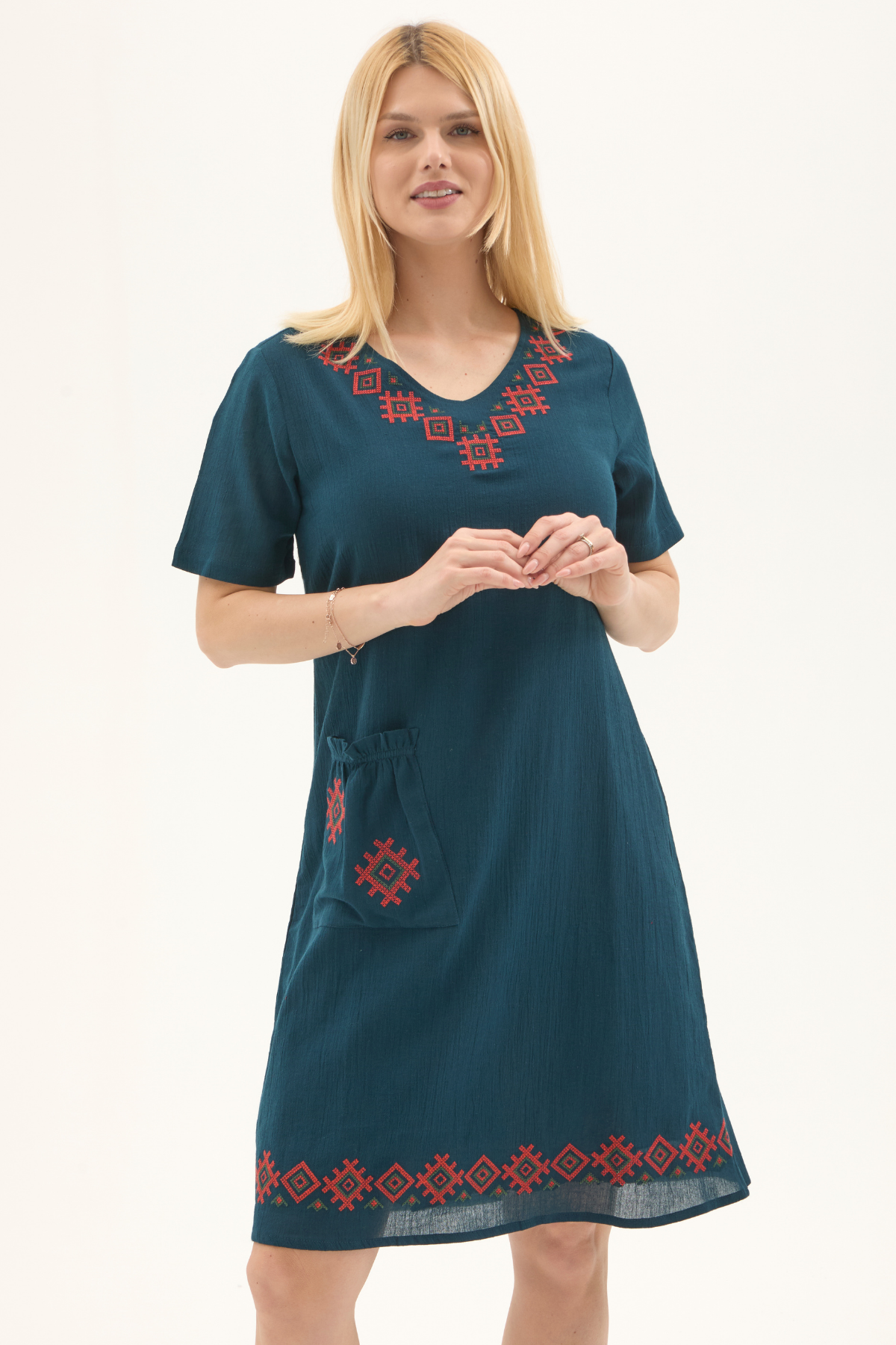 Şile Bezi Petrol Kısa Kol Kruvaze Yaka Nakışlı Yazlık Midi Elbise