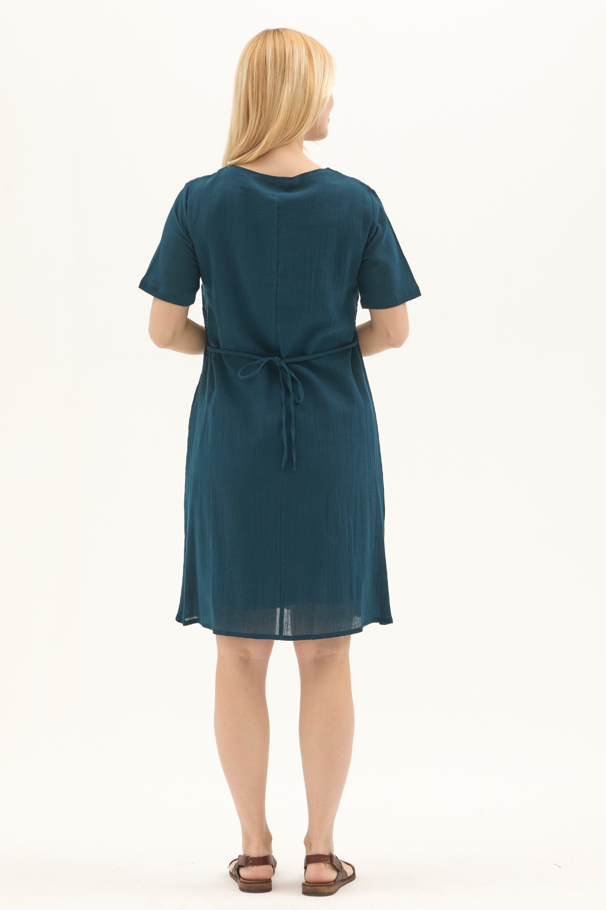 Şile Bezi Petrol Kısa Kol Kruvaze Yaka Nakışlı Yazlık Midi Elbise