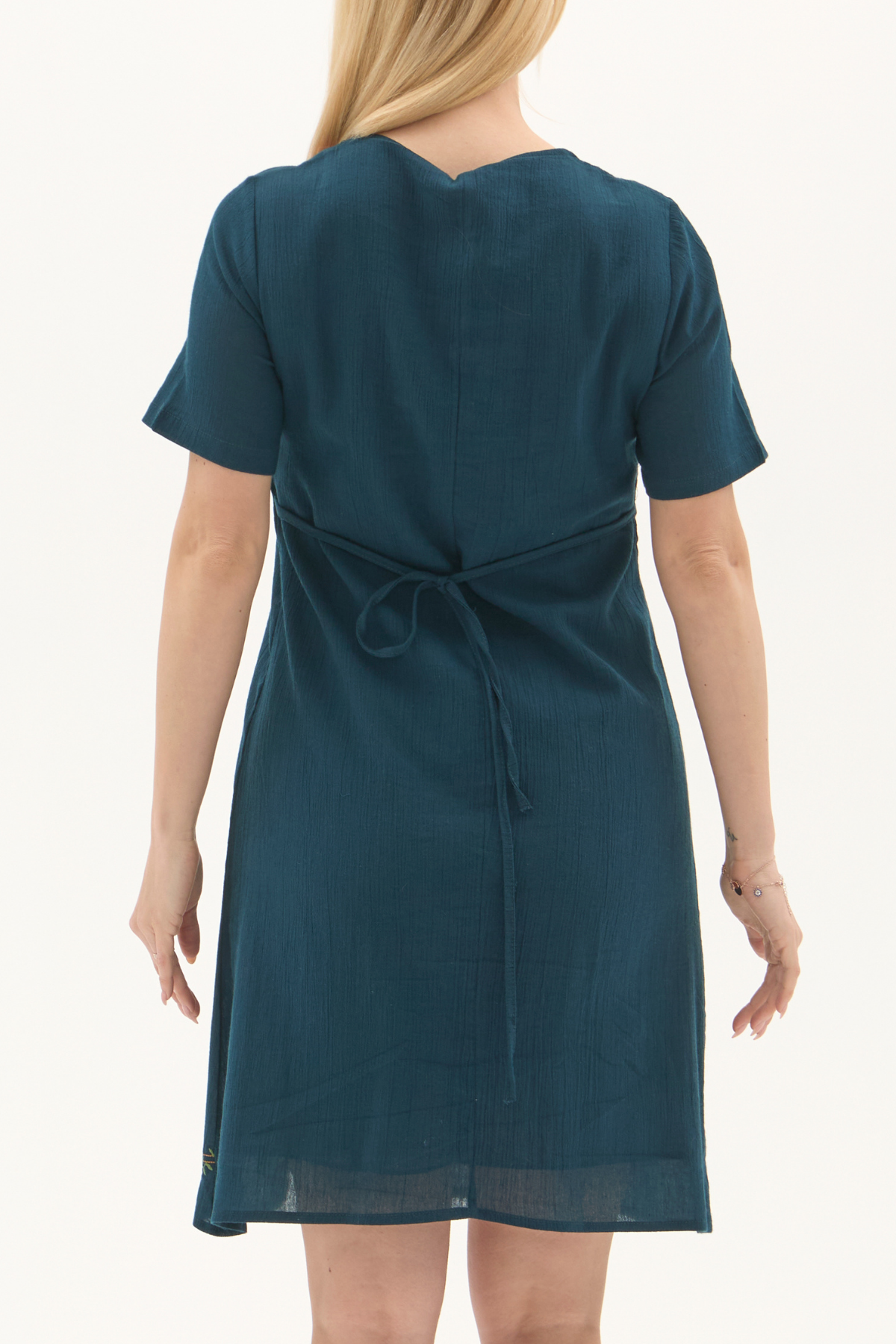 Şile Bezi Petrol Kısa Kol Nakışlı Kare Yaka İlkbahar ve Yaz Elbise