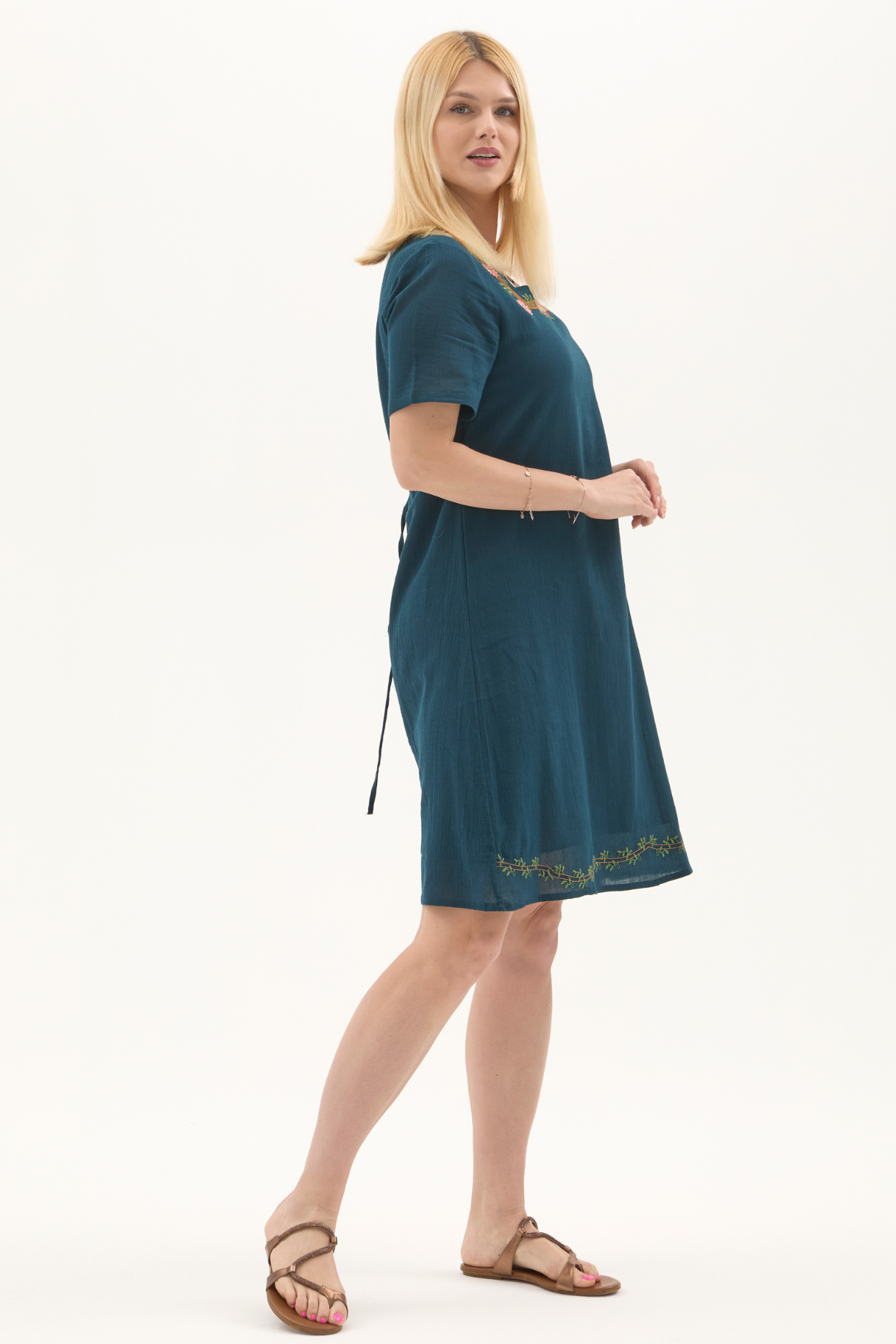 Şile Bezi Petrol Kısa Kol Nakışlı Kare Yaka İlkbahar ve Yaz Elbise