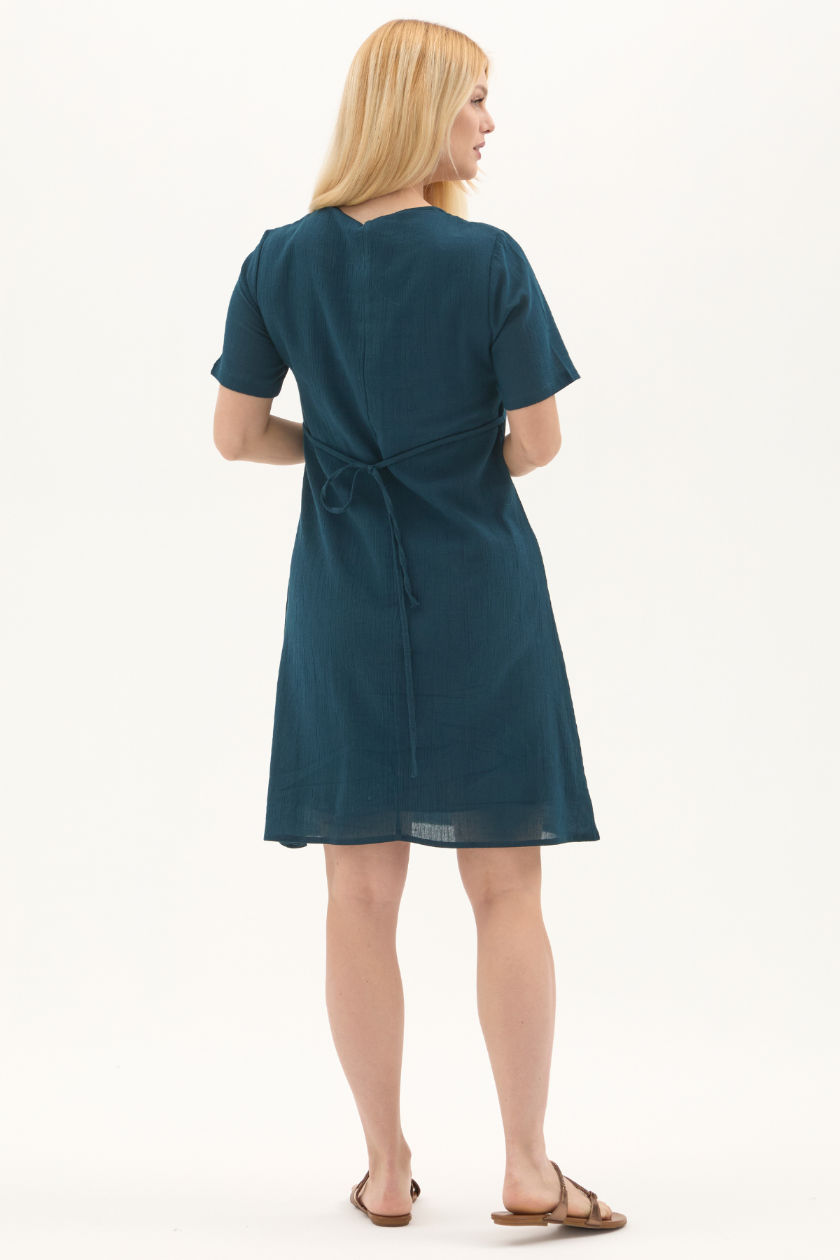 Şile Bezi Petrol Kısa Kol Nakışlı Kare Yaka İlkbahar ve Yaz Elbise